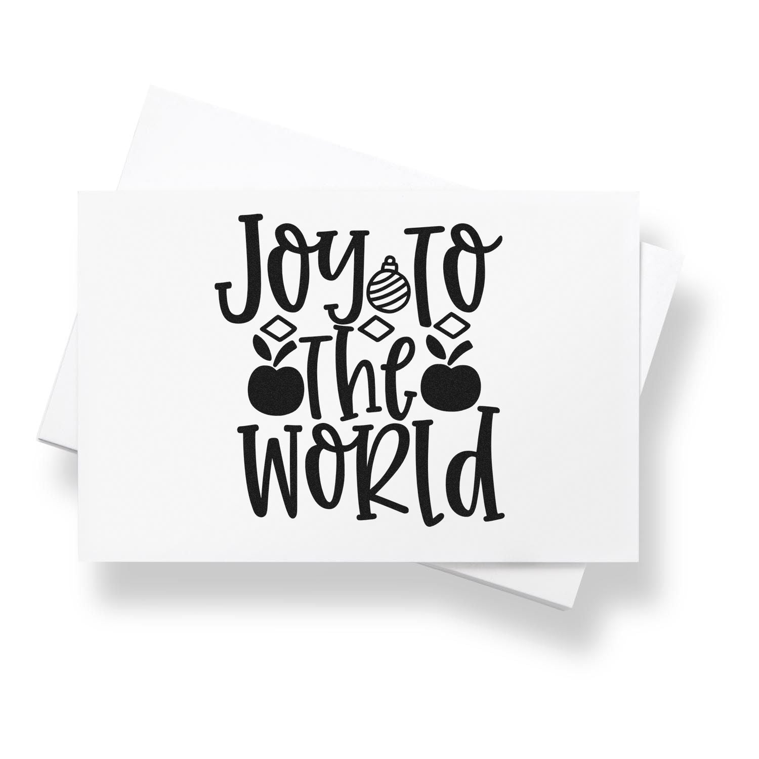 Joy to the World holiday rubber stamp design with festive ornament and apple accents for Christmas cards and crafts.