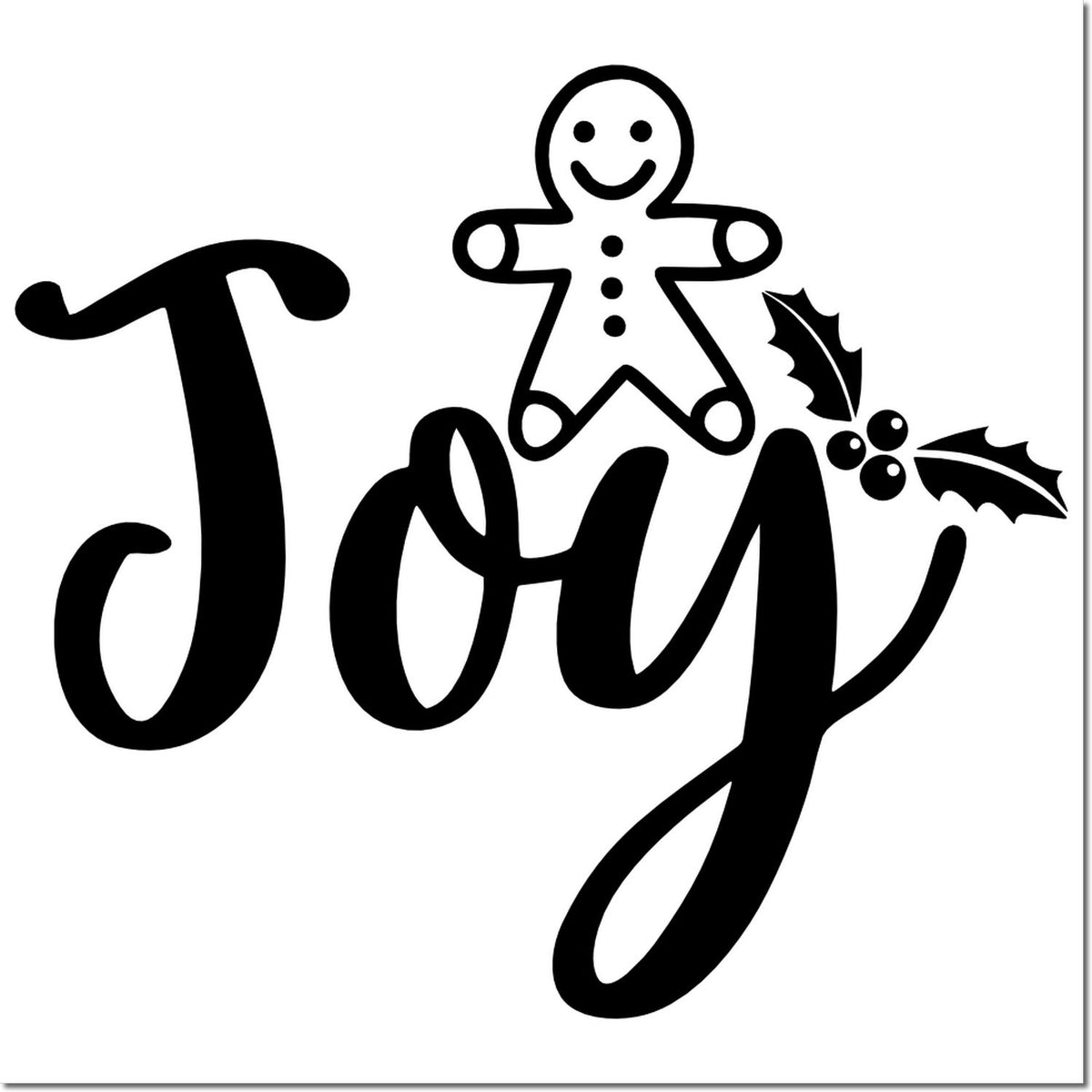 Joy rubber stamp design with gingerbread man and holly, perfect for holiday card making and Christmas crafts.