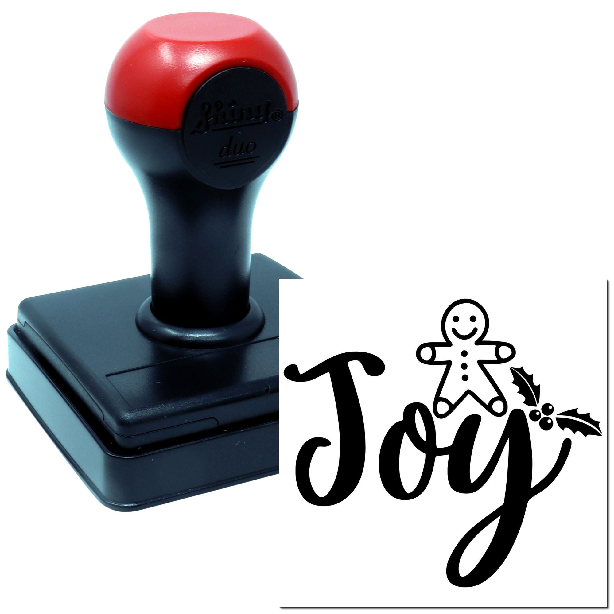 Self-inking rubber stamp with Joy Christmas holiday design, gingerbread man and holly for festive card making and crafts