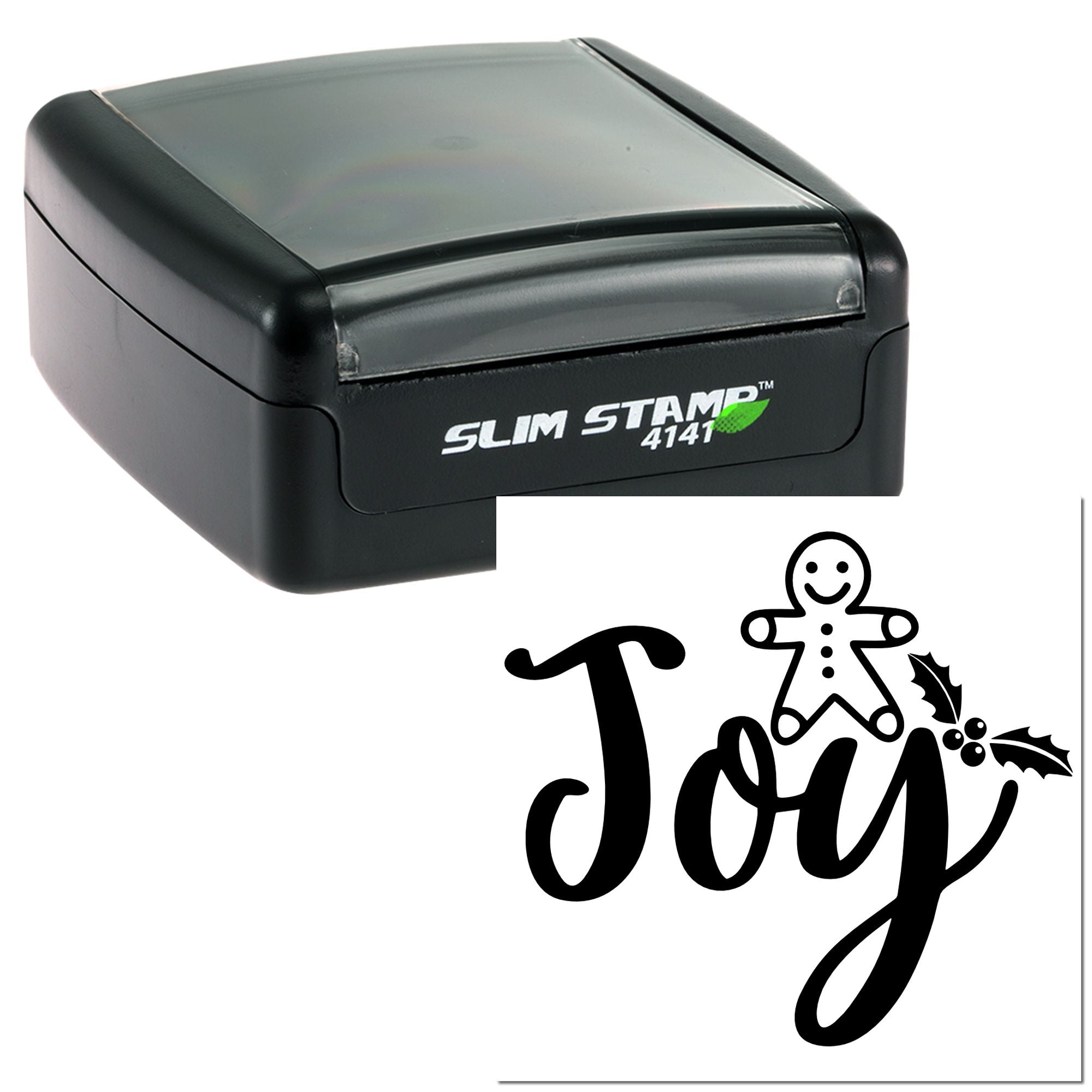 Joy holiday self-inking rubber stamp with gingerbread and holly design for festive cards, gift tags, and crafts.