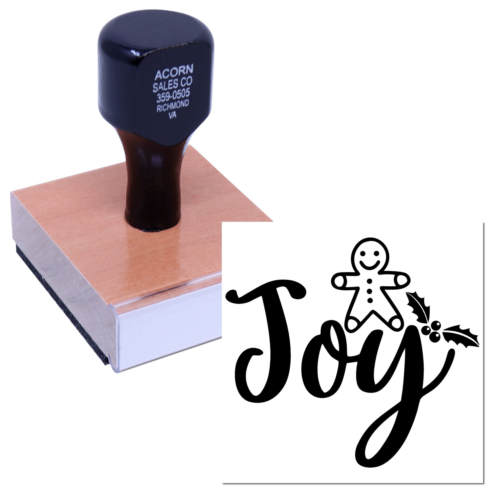 Custom Christmas rubber stamp with Joy script, gingerbread man, and holly design for holiday cards and crafts.