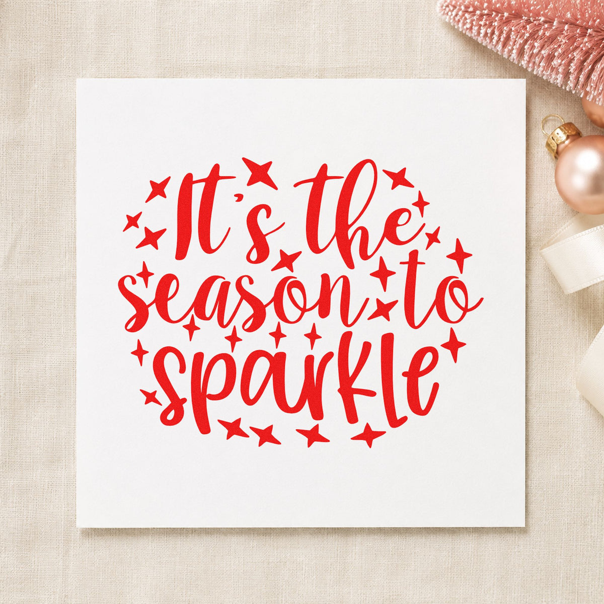 Season To Sparkle Stars craft stamp in red ink on cardstock, an easy option for sequin panel printing.