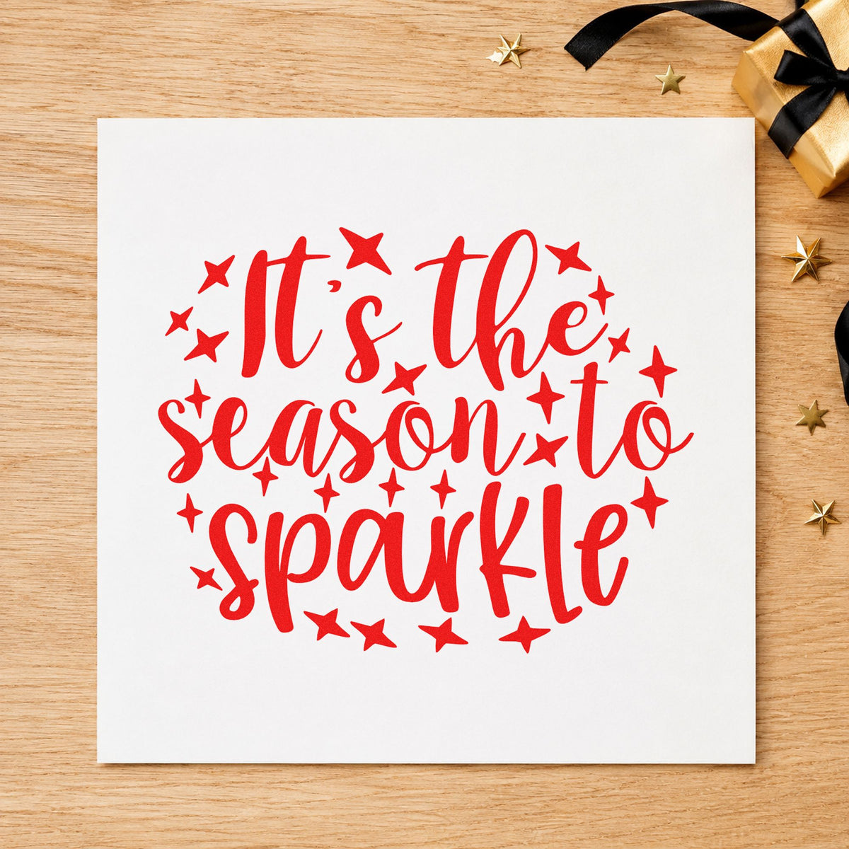 Season To Sparkle Stars rubber stamp shown in red ink, stamped for projects such as makeup tray labels.