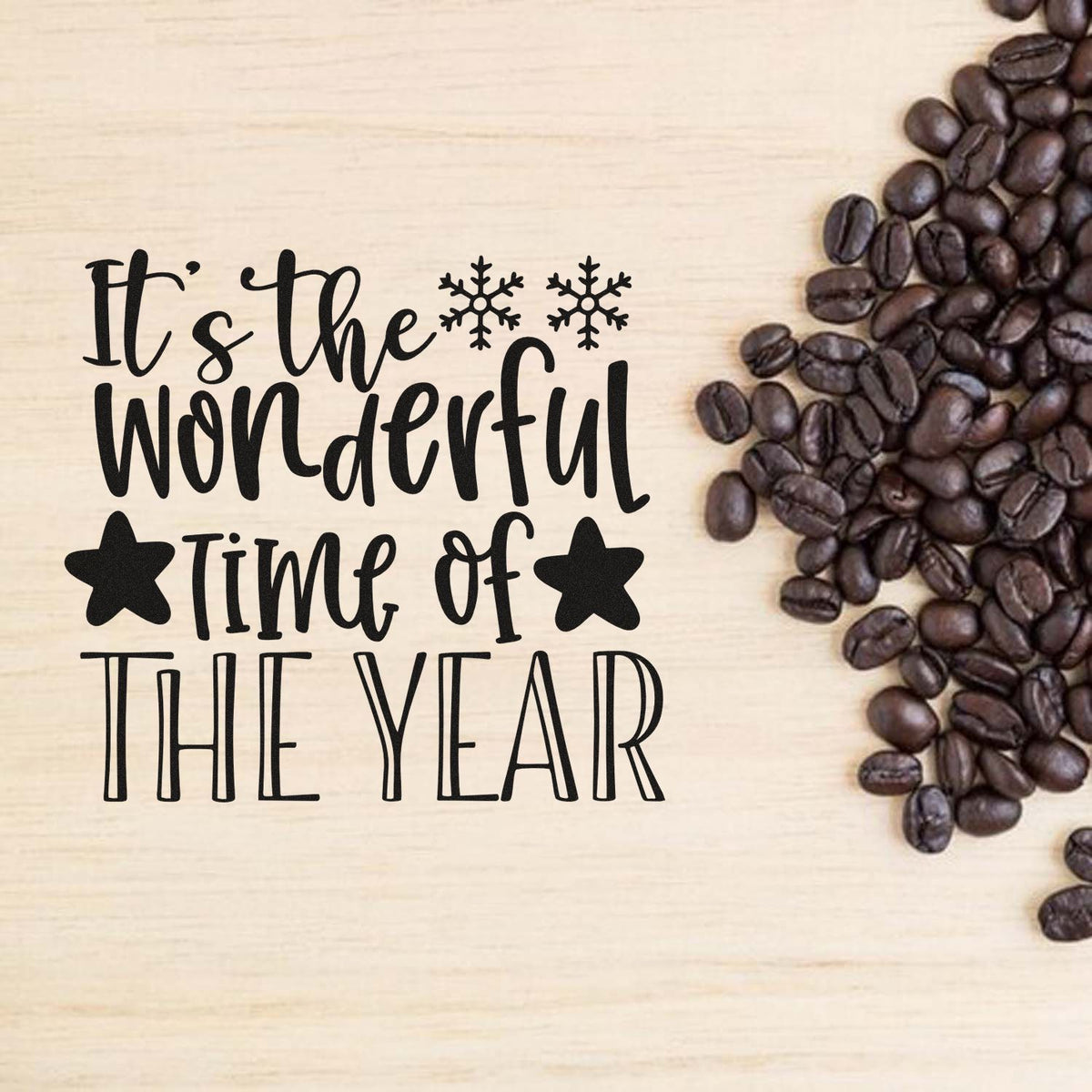 Holiday coffee rubber stamp with Its the Wonderful Time of the Year text, snowflakes, and stars for winter crafting.