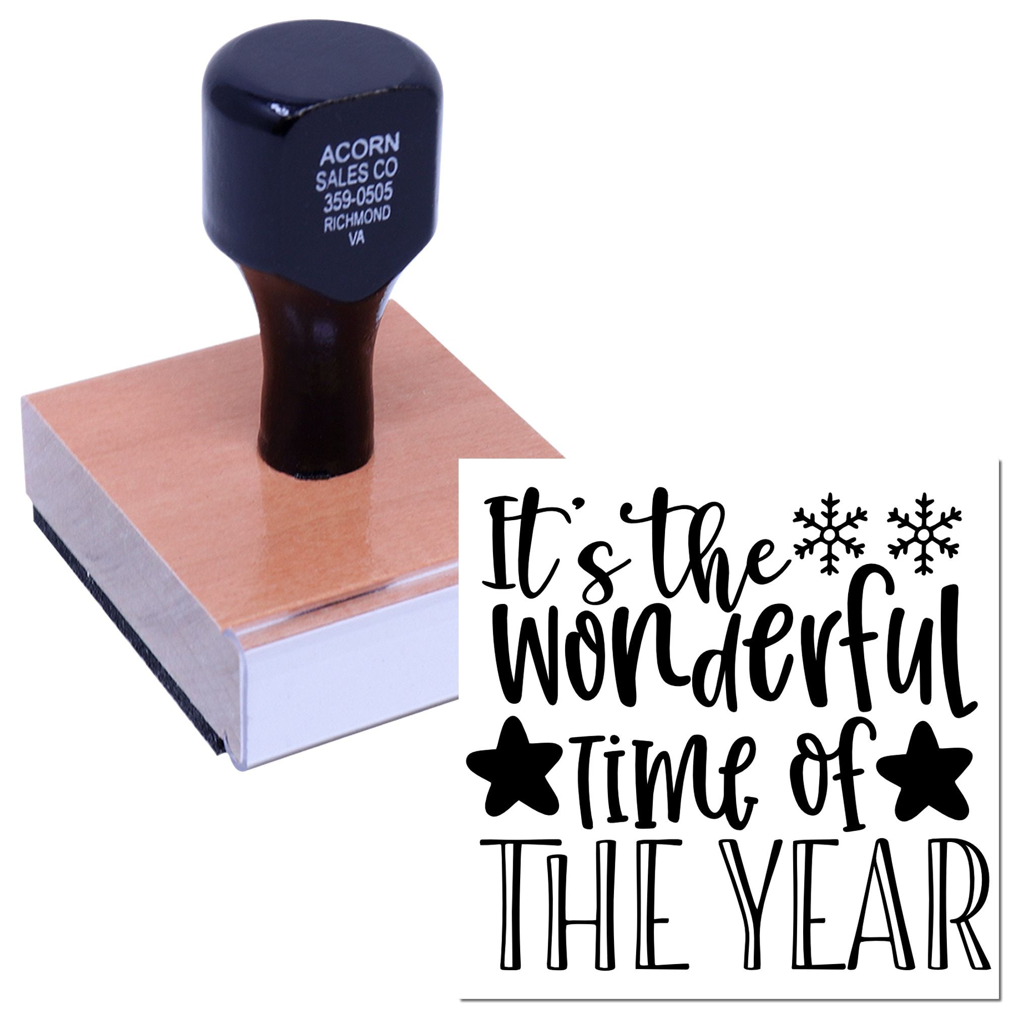 Holiday rubber stamp with Its the wonderful time of the year phrase and snowflakes for festive seasonal crafts.