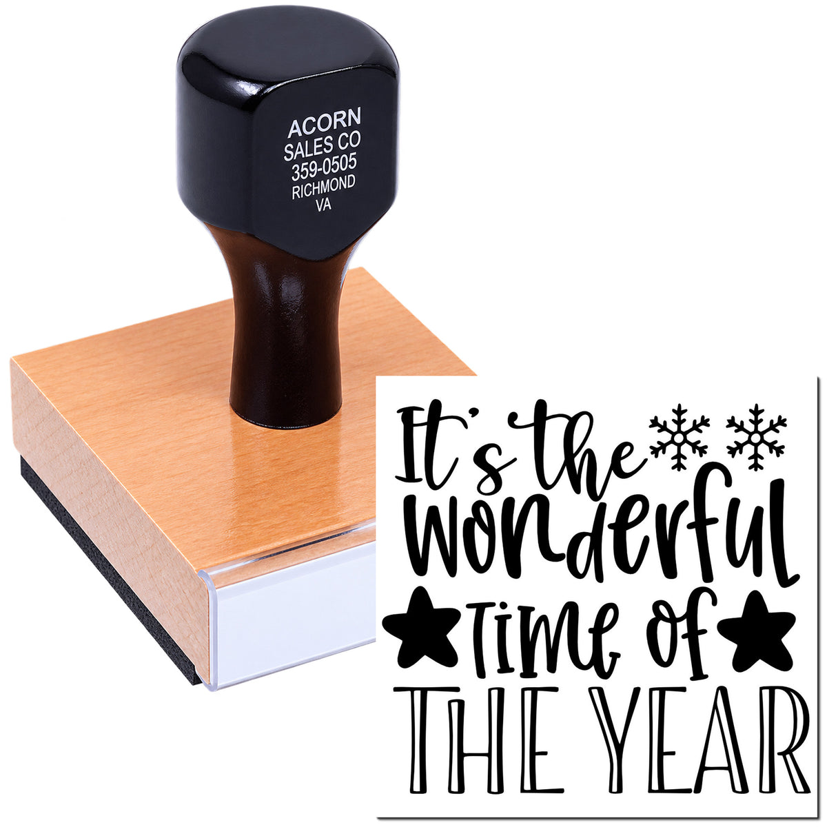 Holiday rubber stamp with Its the wonderful time of the year phrase and snowflakes for festive seasonal crafts.