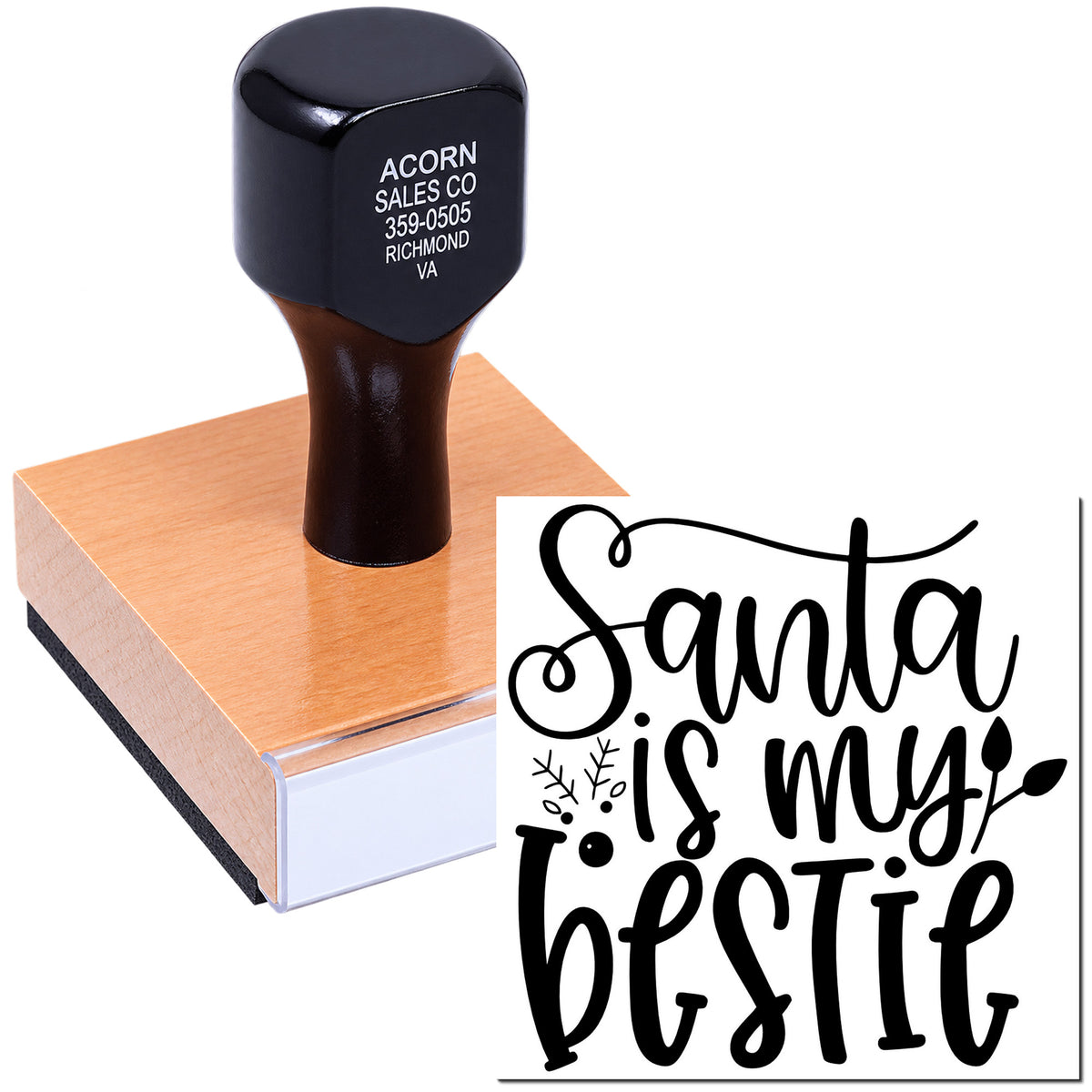 Custom rubber stamp featuring Santa is my bestie design for holiday crafts, gift tags, and Christmas packaging.