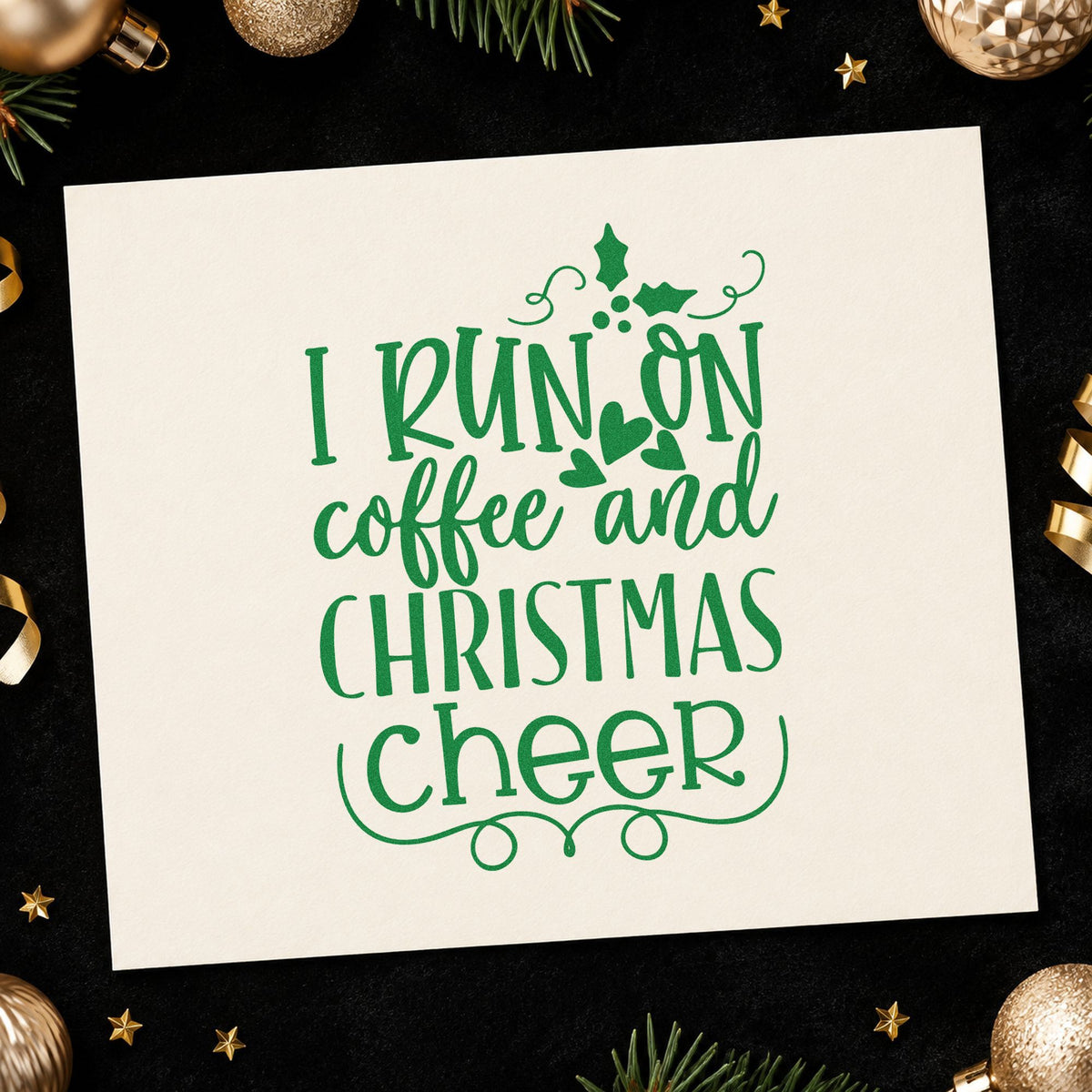 Coffee And Christmas Cheer craft stamp imprint in green ink on a handmade project, one idea being bean bag gift tags.