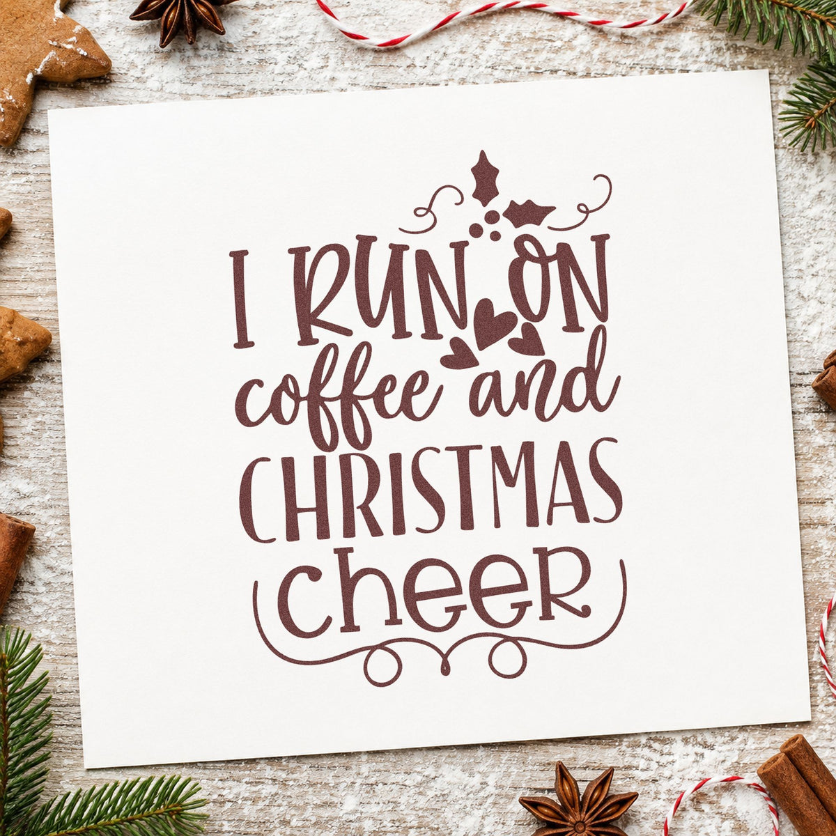 Coffee And Christmas Cheer rubber stamp printed in brown ink, ready for supply order sheet and similar paper crafts.