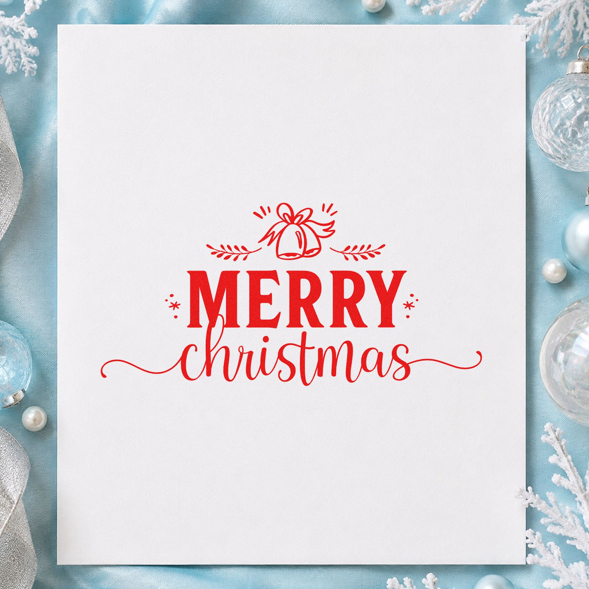 Merry Christmas Bell Flourish craft stamp in red ink on cardstock, an easy option for valance edge printing.