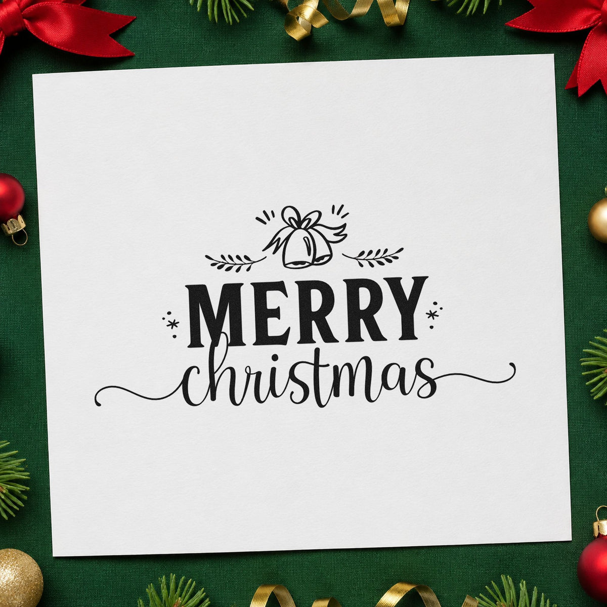 Merry Christmas Bell Flourish rubber stamp printed in black ink, ready for bell topper cards and similar paper crafts.
