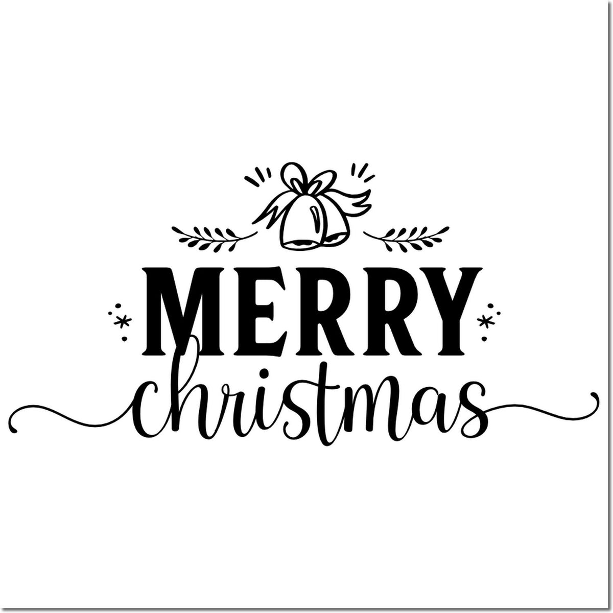 Merry Christmas rubber stamp design with bells and festive greenery for holiday cards, gift wrap, and seasonal crafts.