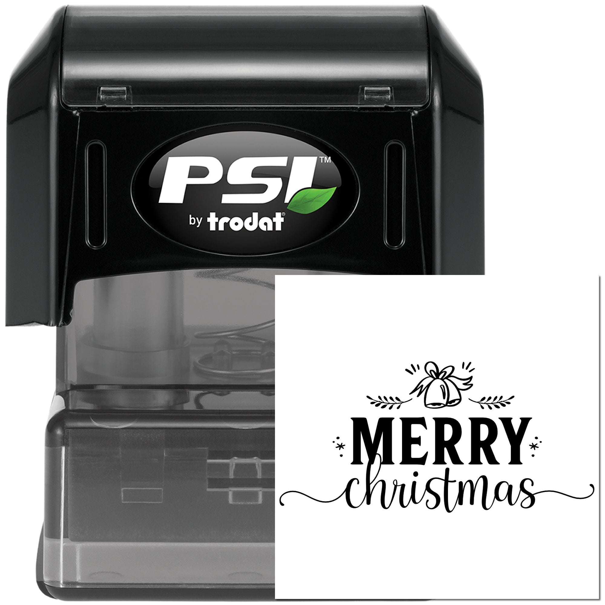 PSI by Trodat self-inking Christmas rubber stamp with Merry Christmas design for holiday cards, gifts, and packaging.
