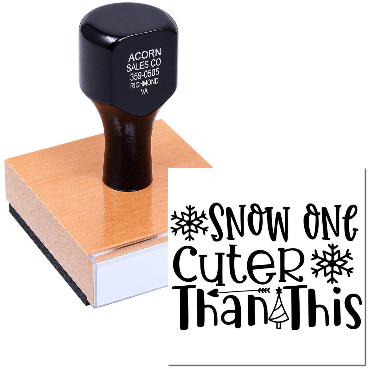 Custom rubber stamp with Snow One Cuter Than This winter design for holiday cards, crafts, and gift packaging.