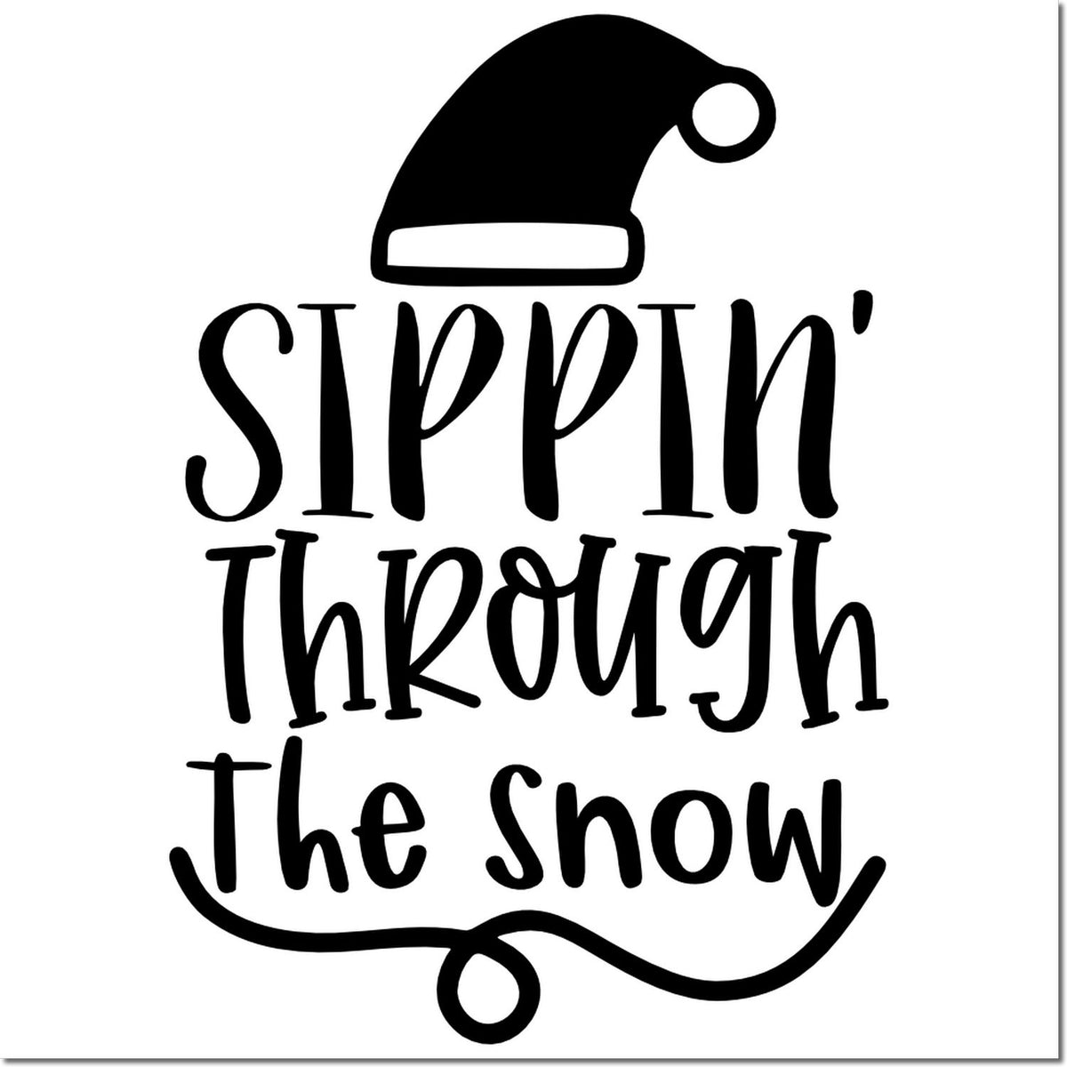Sippin Through the Snow holiday rubber stamp design with Santa hat for festive winter crafts, cards, and DIY projects.