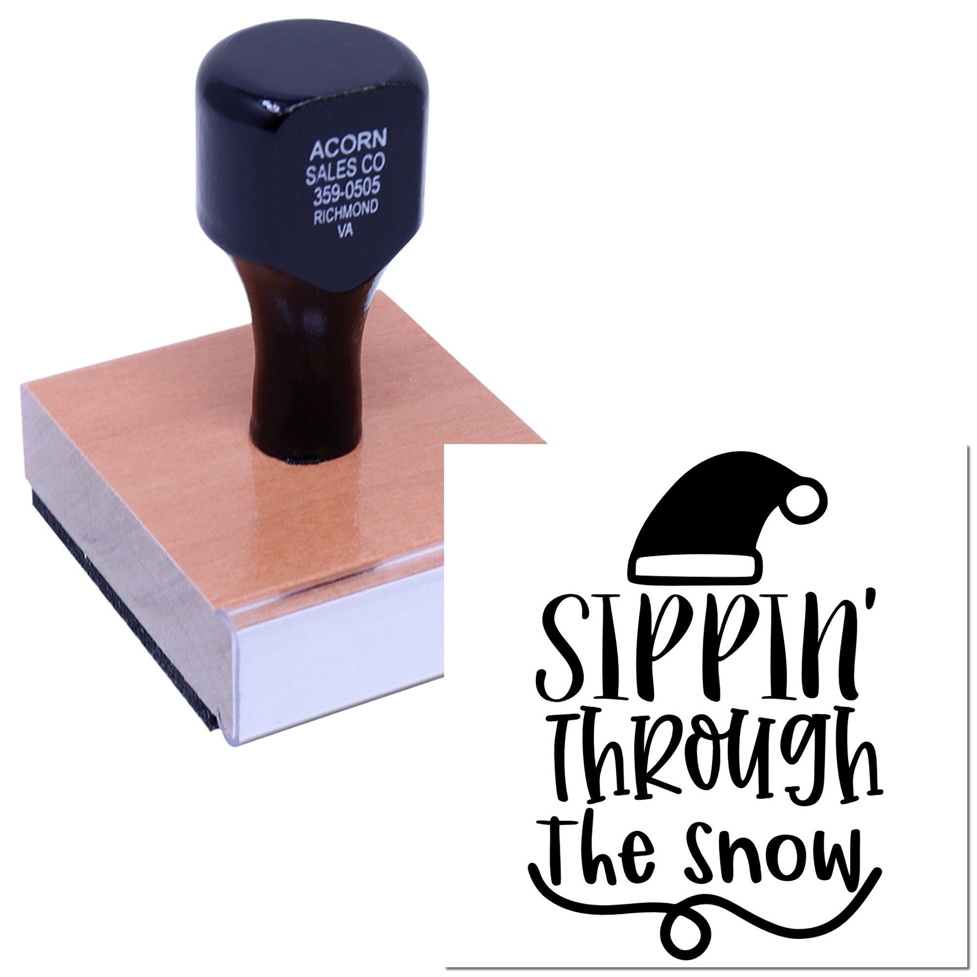 Custom rubber stamp with Sippin Through the Snow Santa hat design for holiday cards, crafts, and packaging.
