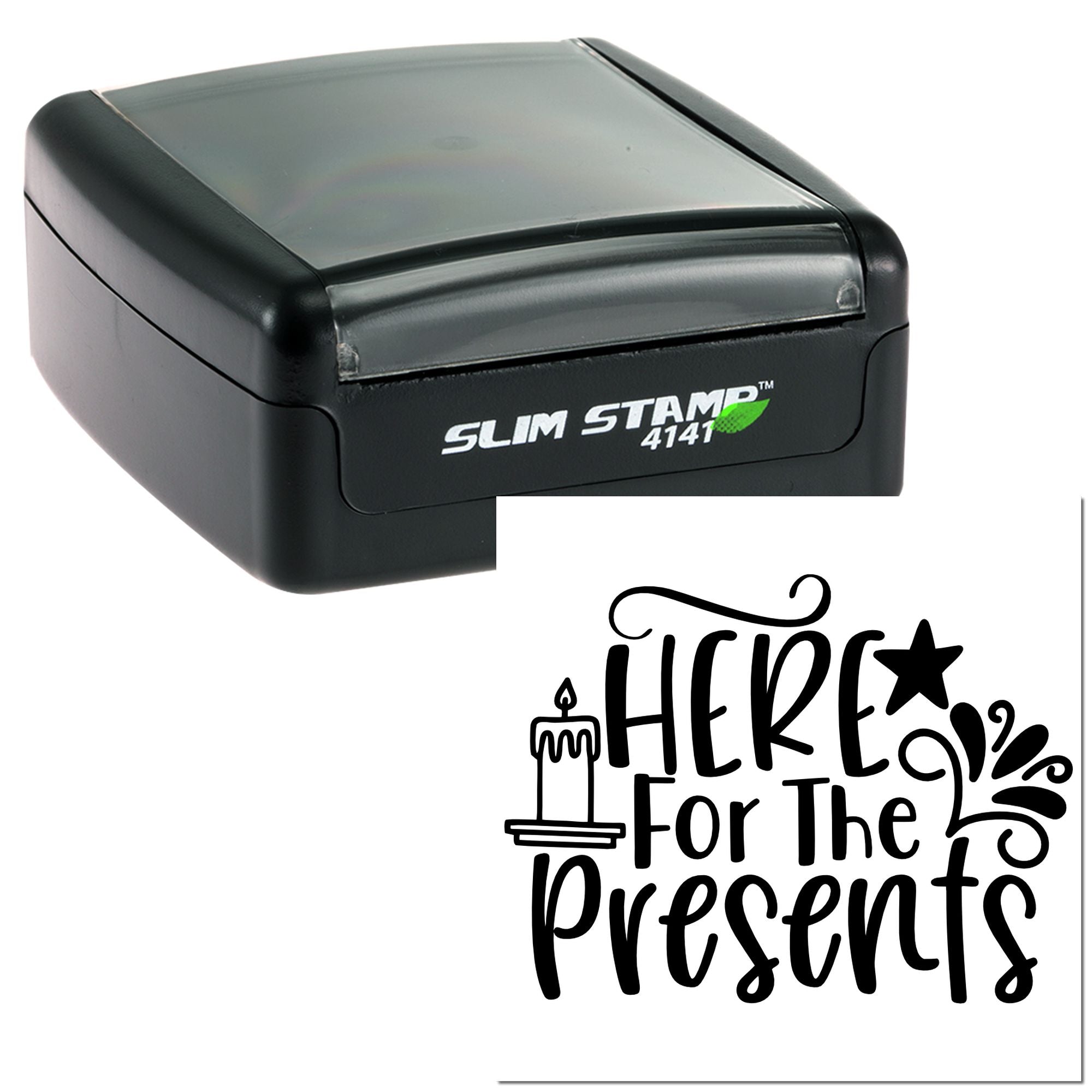 Self-inking rubber stamp with Here for the Presents design, ideal for holiday gift tags, cards, and packaging.