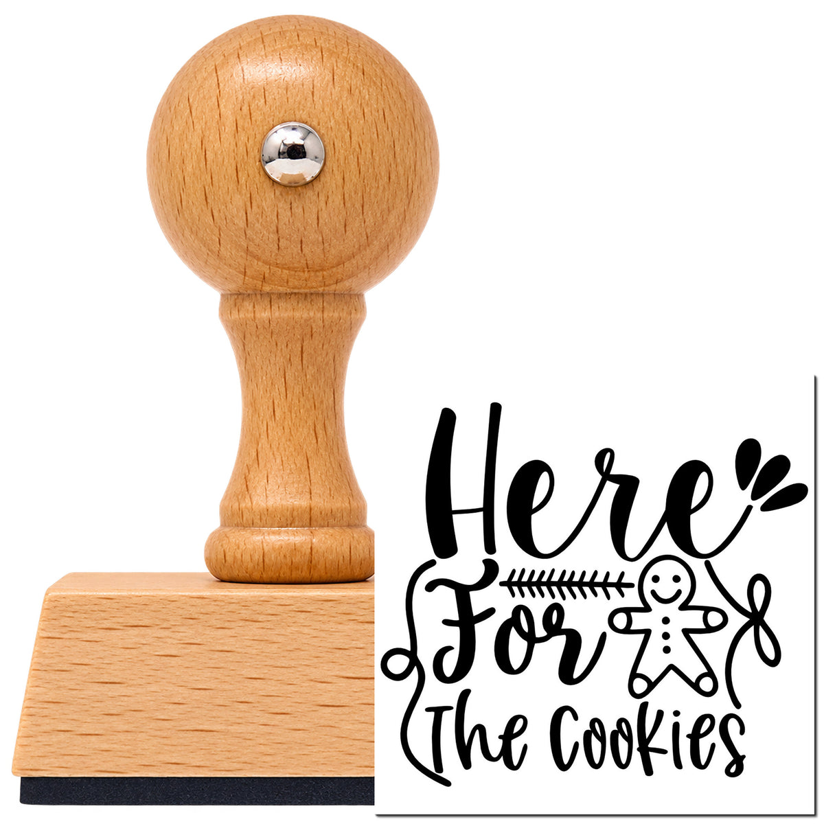 Here For The Cookies Vintage Pro rubber stamp in European beech wood with a round knob handle, shown beside its black imprint.