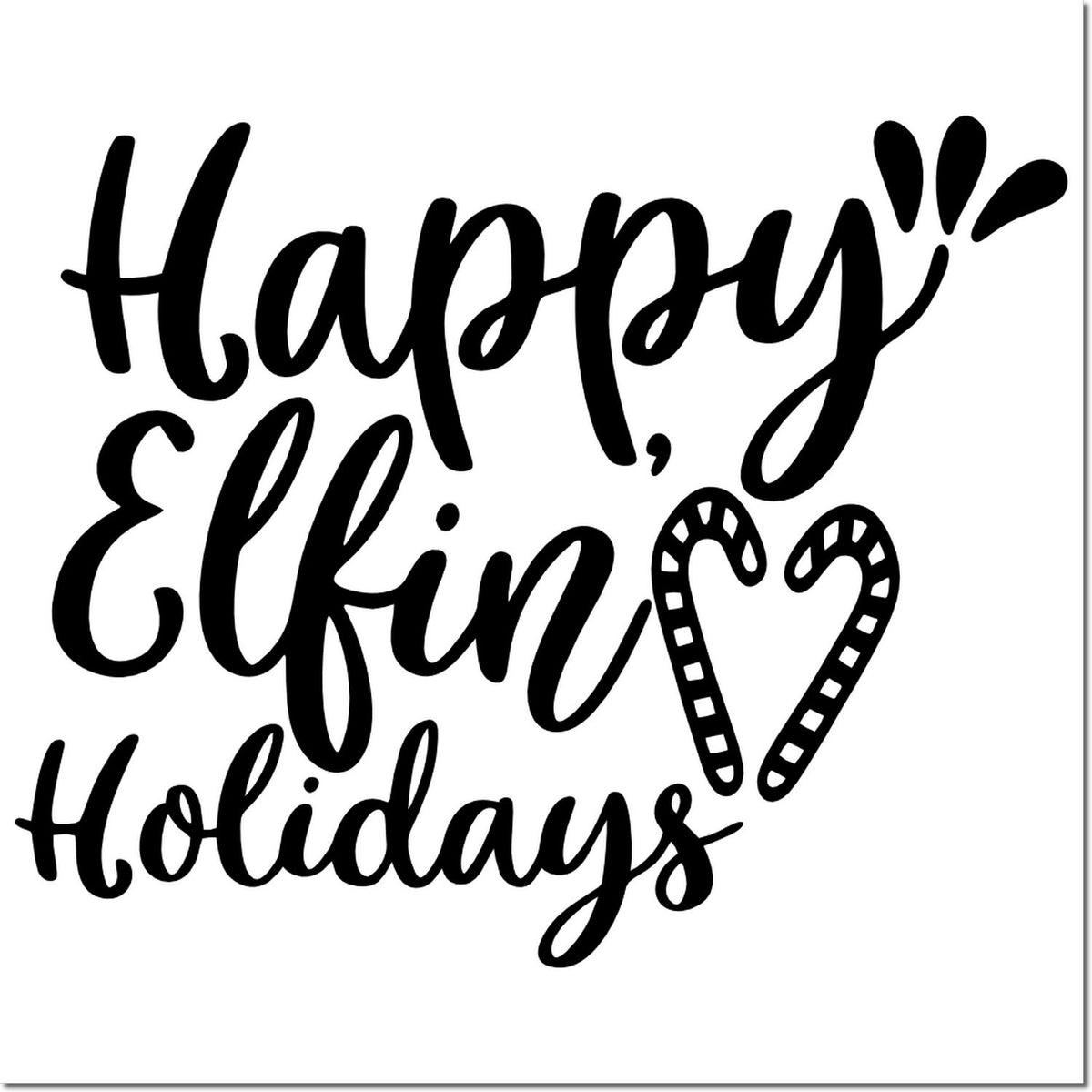 Happy Elfin Holidays rubber stamp design with candy cane heart for Christmas cards, crafts, and festive gifts.