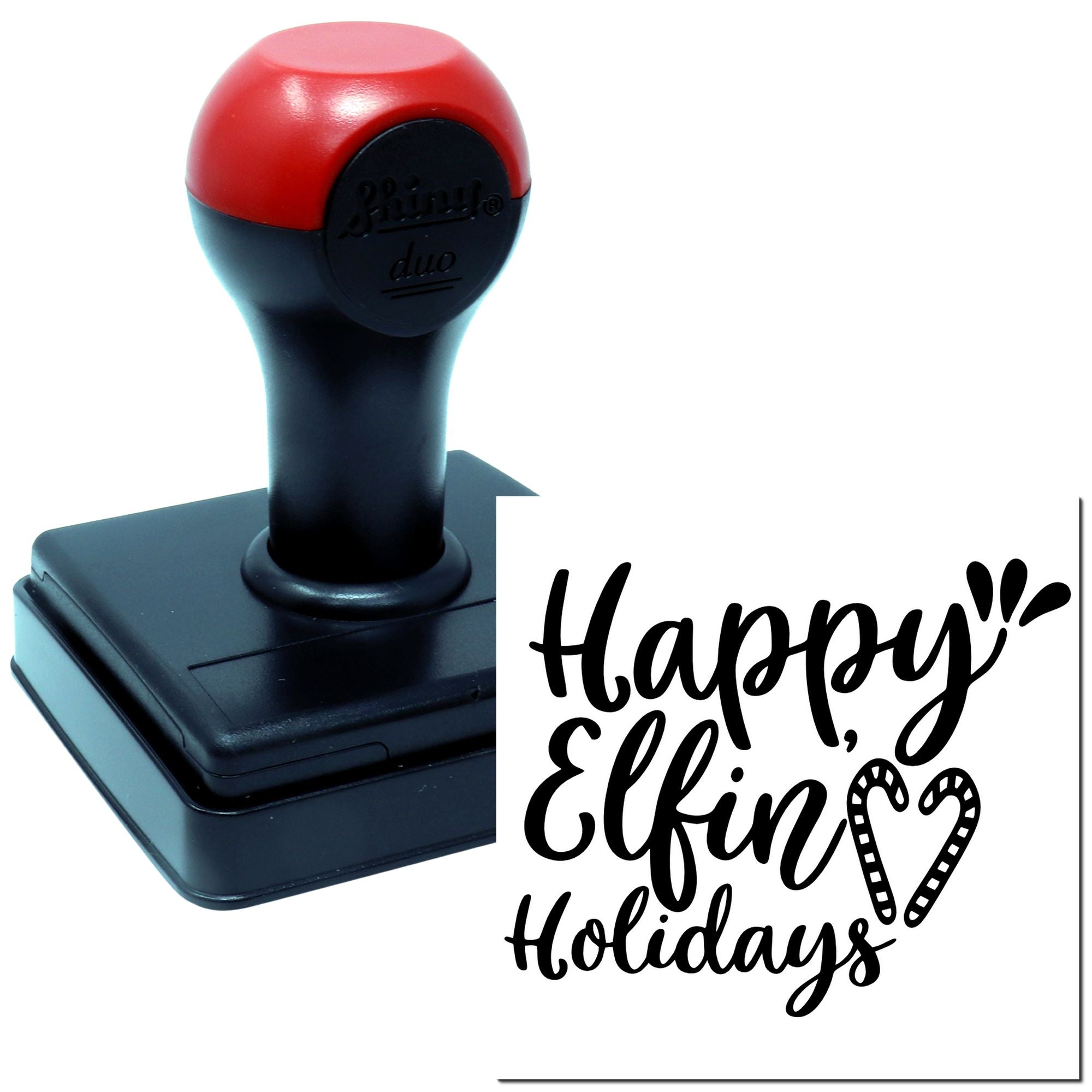 Self-inking rubber stamp with Happy Elfin Holidays design for festive holiday cards, crafts, and gift packaging.