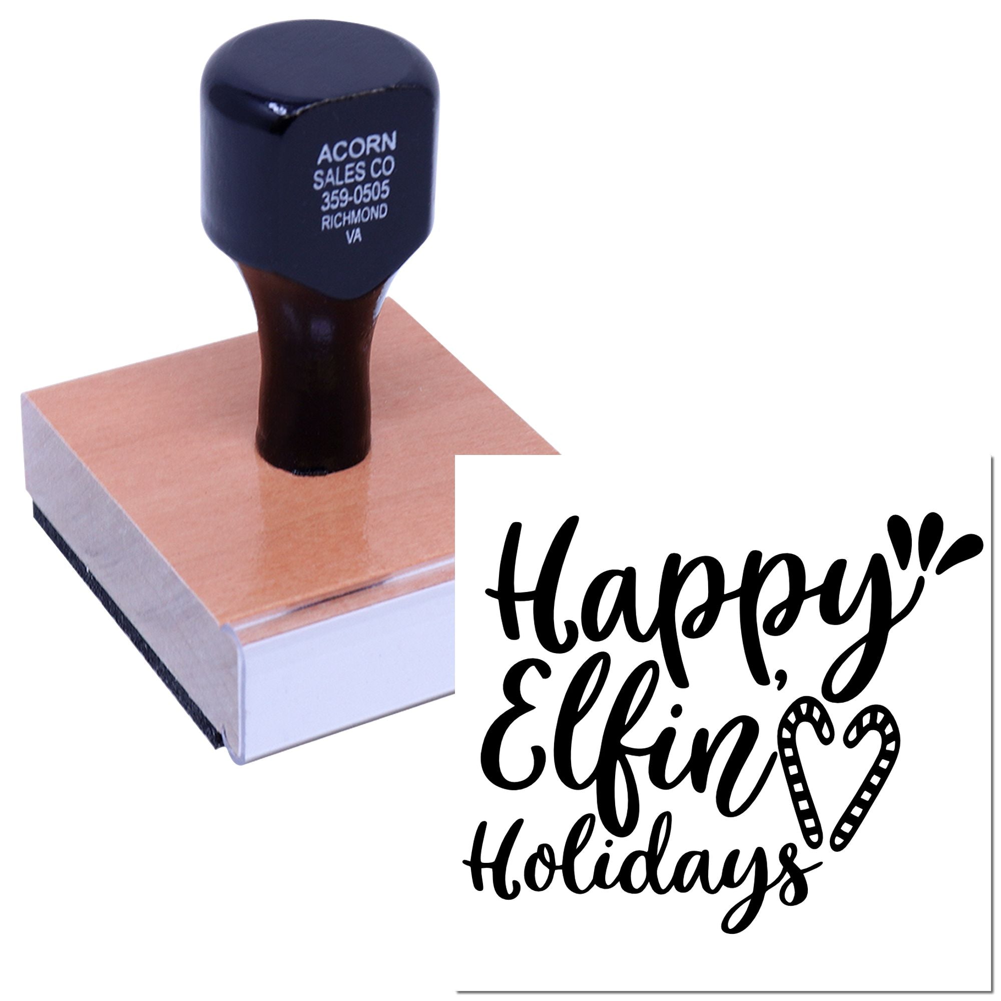 Custom rubber stamp featuring Happy Elfing Holidays for festive holiday cards, gift tags, and seasonal crafts.