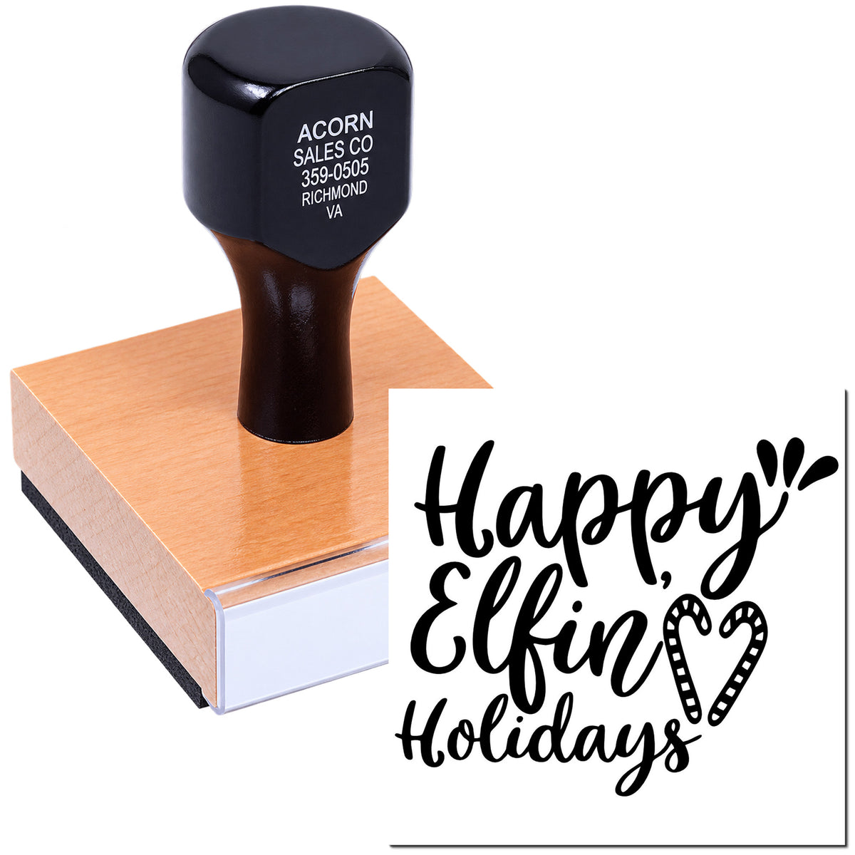 Custom rubber stamp featuring Happy Elfing Holidays for festive holiday cards, gift tags, and seasonal crafts.