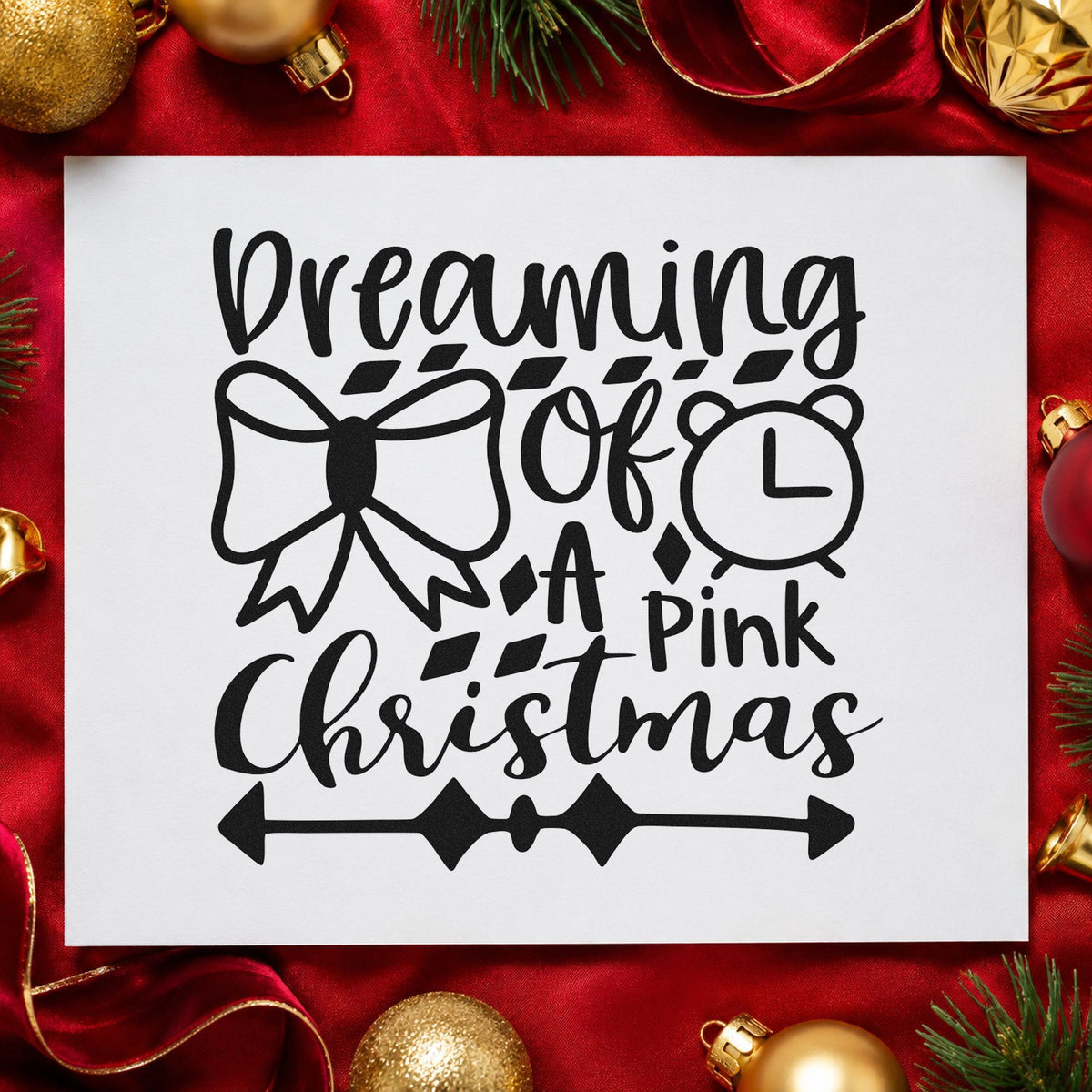 Dreaming Of A Pink Christmas rubber stamp printed in black ink, ready for pink dream cards and similar paper crafts.