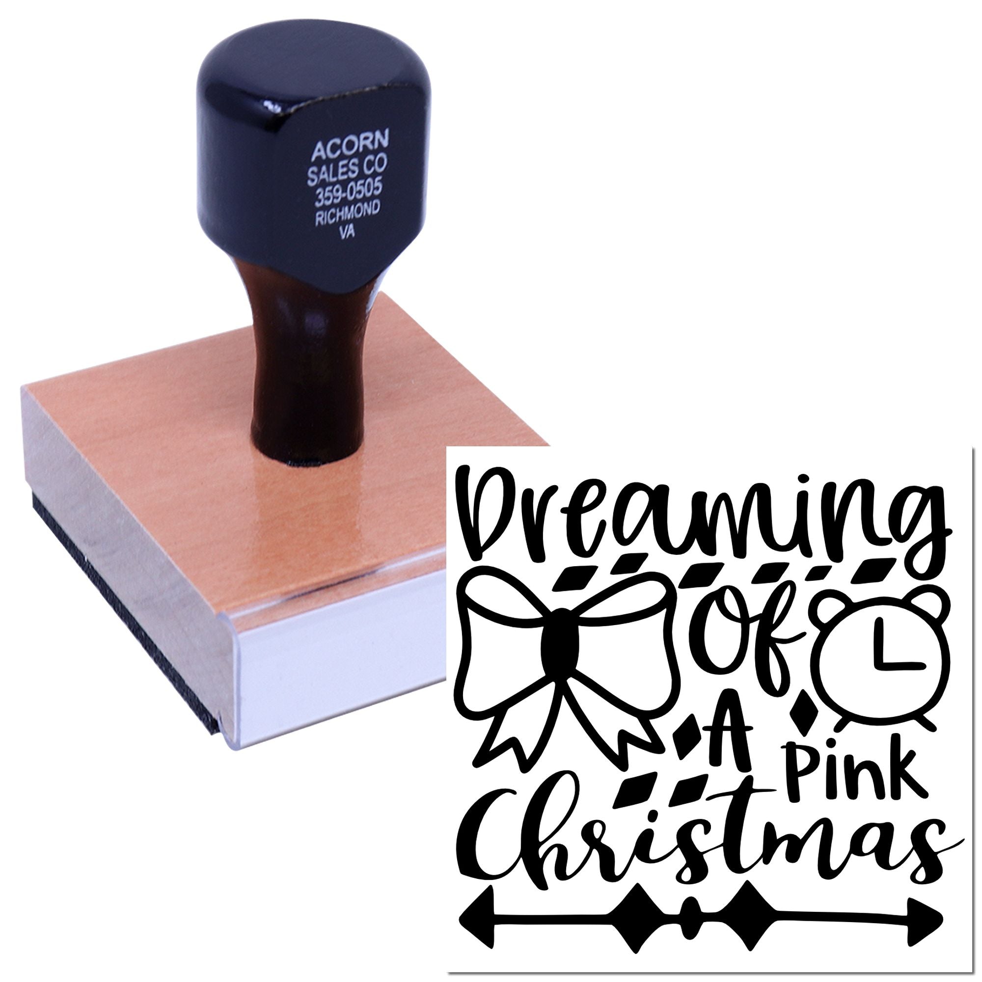 Custom rubber stamp with Dreaming of a Pink Christmas holiday design, featuring bow, clock, and festive lettering.