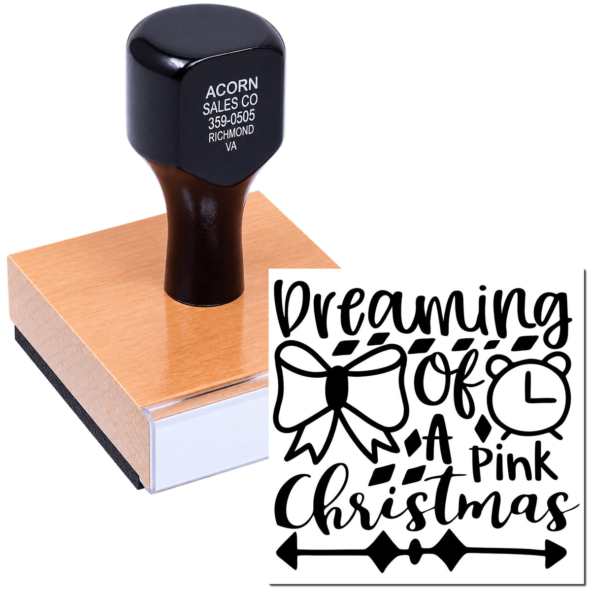 Custom rubber stamp with Dreaming of a Pink Christmas holiday design, featuring bow, clock, and festive lettering.