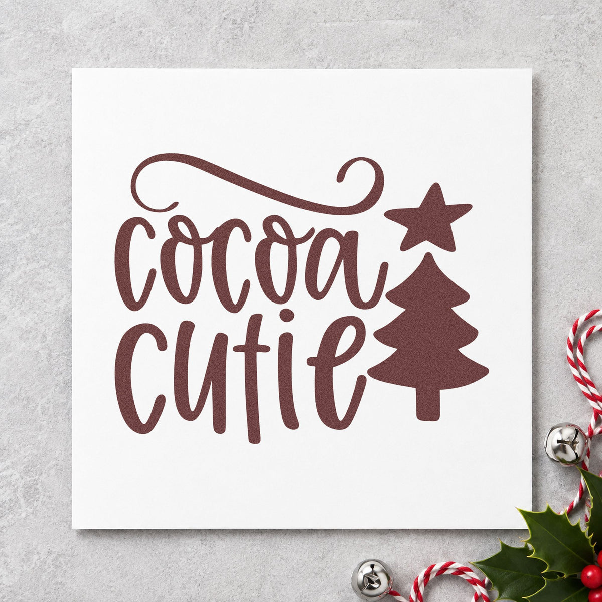 Cocoa Cutie Christmas Tree rubber stamp printed in brown ink, ready for milestone chart sheet and similar paper crafts.