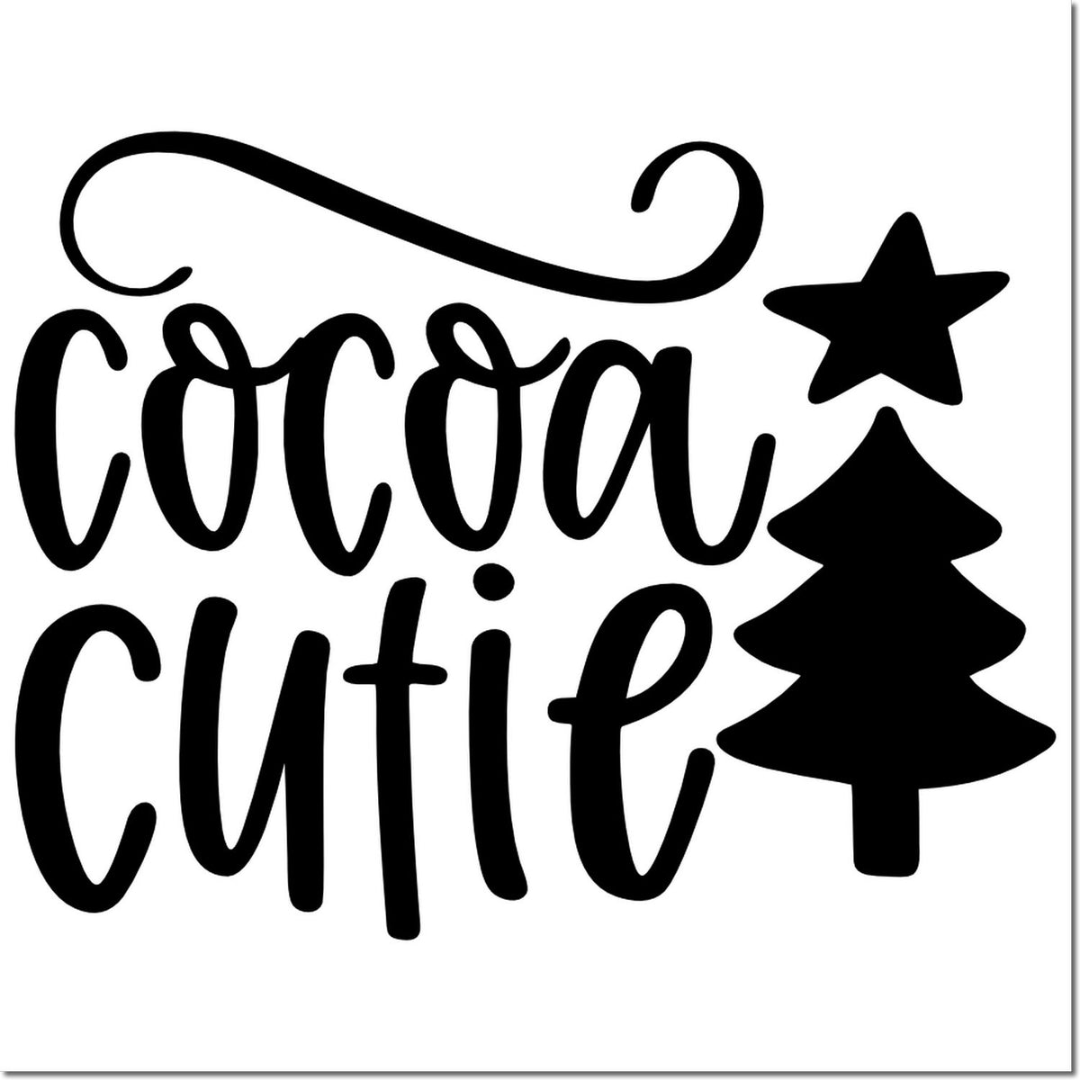 Cocoa cutie Christmas rubber stamp design with festive tree and star for holiday mugs, cards, and winter crafts.