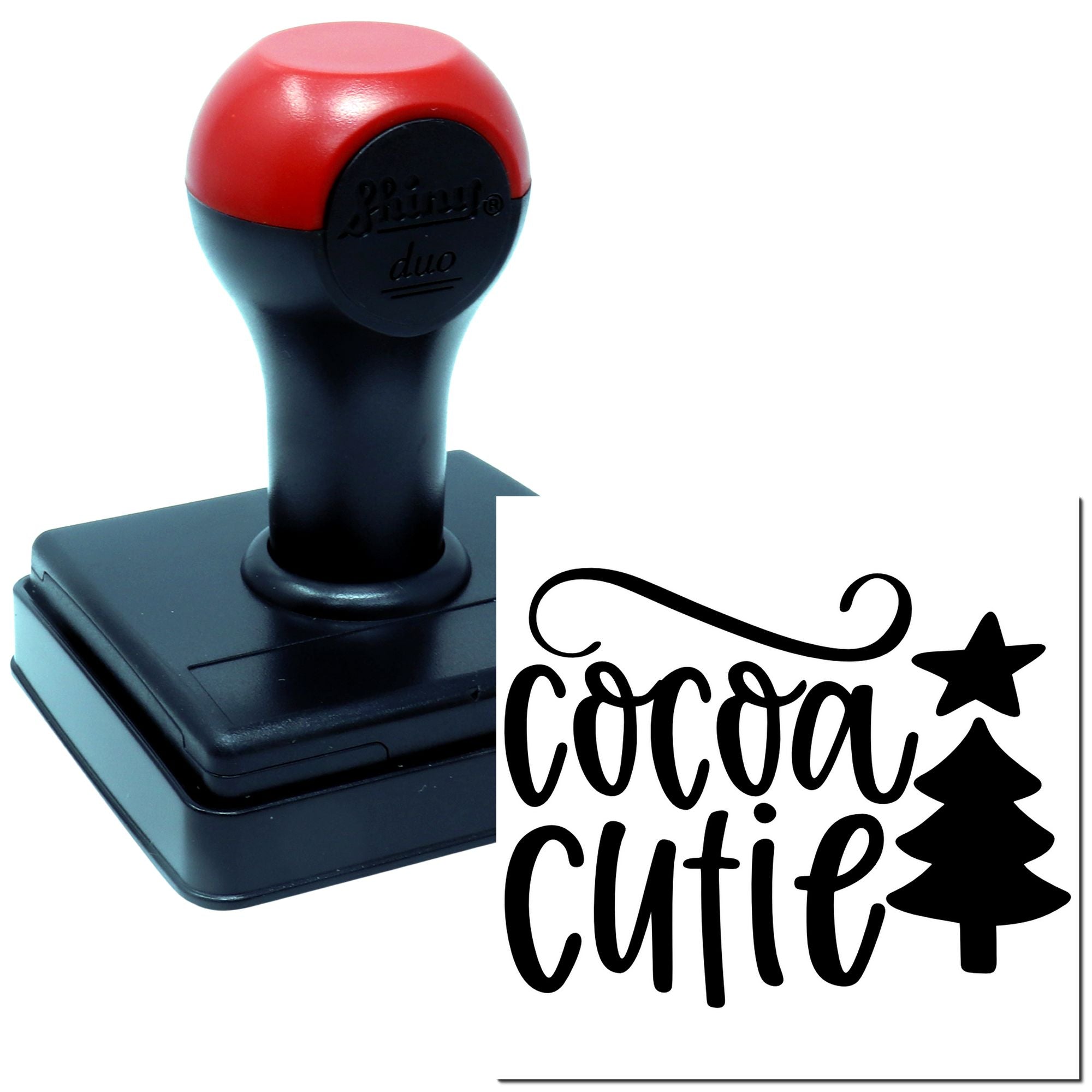 Self-inking rubber stamp with custom Cocoa Cutie design for personalized branding and craft packaging.