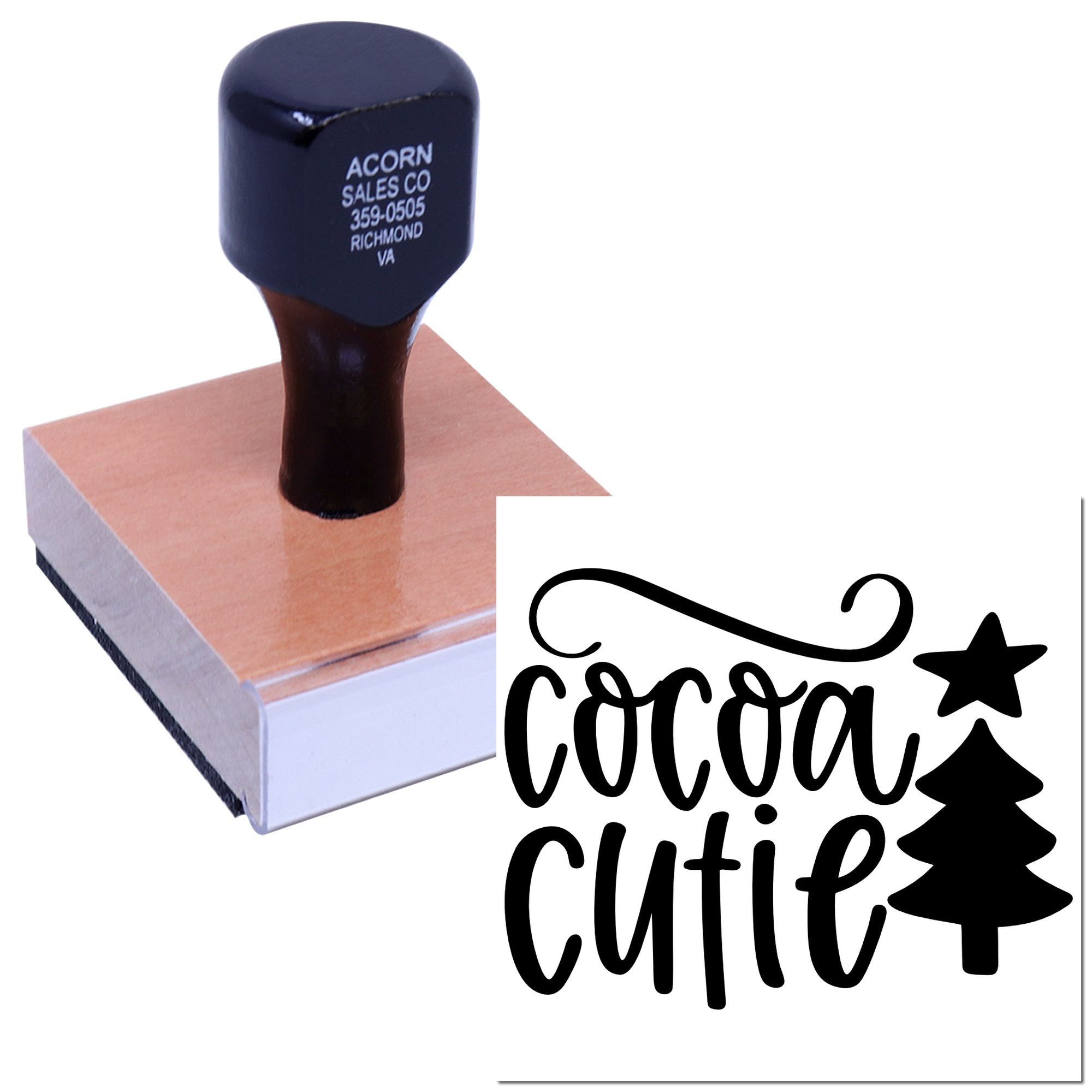Custom rubber stamp with Cocoa Cutie logo design for branded craft packaging and handmade product labeling.