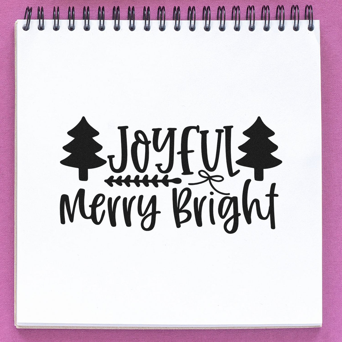 Joyful Merry Bright Christmas rubber stamp design with pine trees, perfect for holiday cards and festive craft projects.