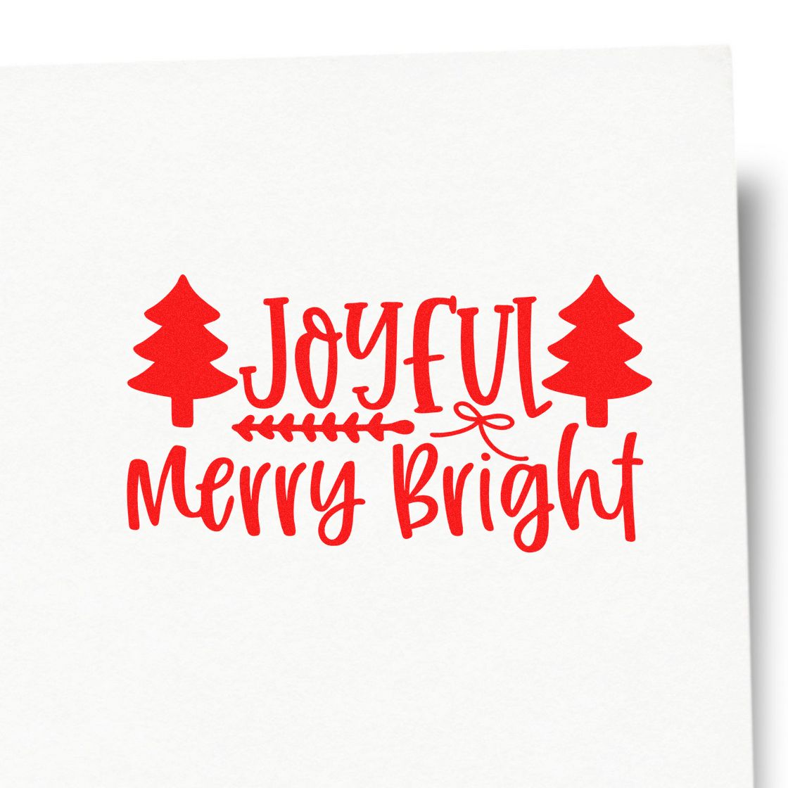 Christmas rubber stamp design with Joyful Merry Bright text, festive trees, and decorative accent in red.