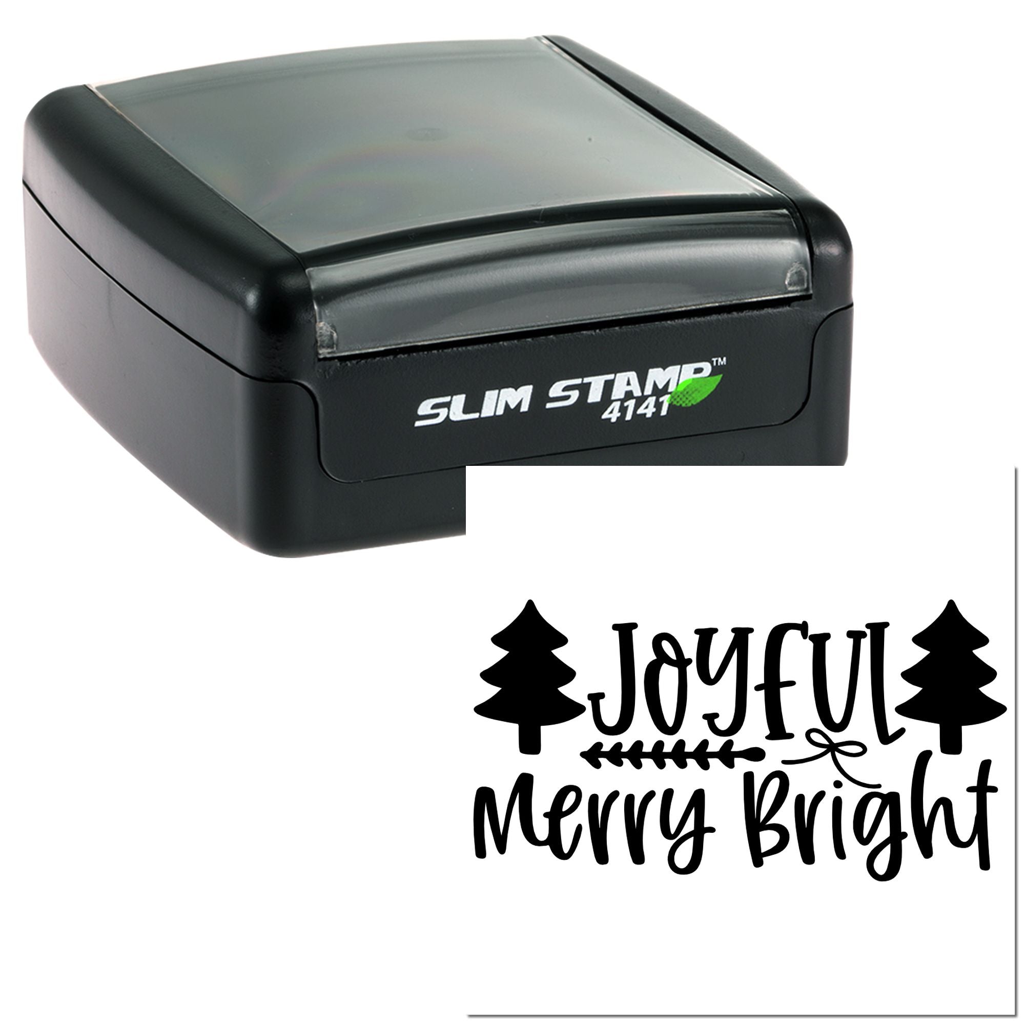 Self-inking rubber stamp showing a festive Joyful Merry Bright holiday design with trees for custom stamping.