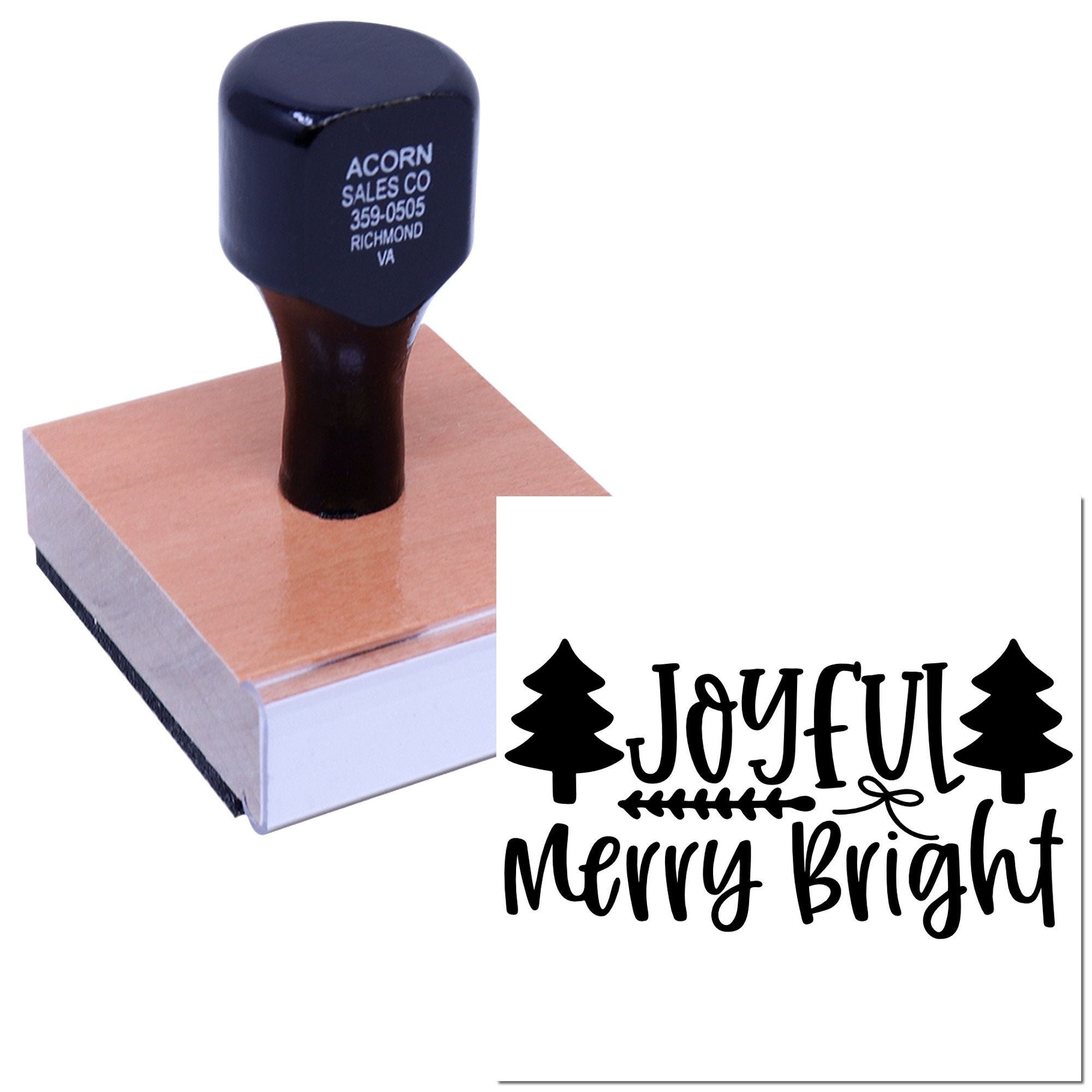 Holiday rubber stamp with Joyful Merry Bright design and tree accents for festive Christmas cards and handmade crafts.