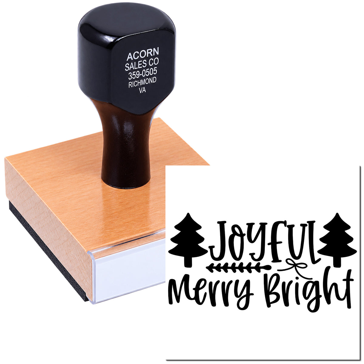 Holiday rubber stamp with Joyful Merry Bright design and tree accents for festive Christmas cards and handmade crafts.
