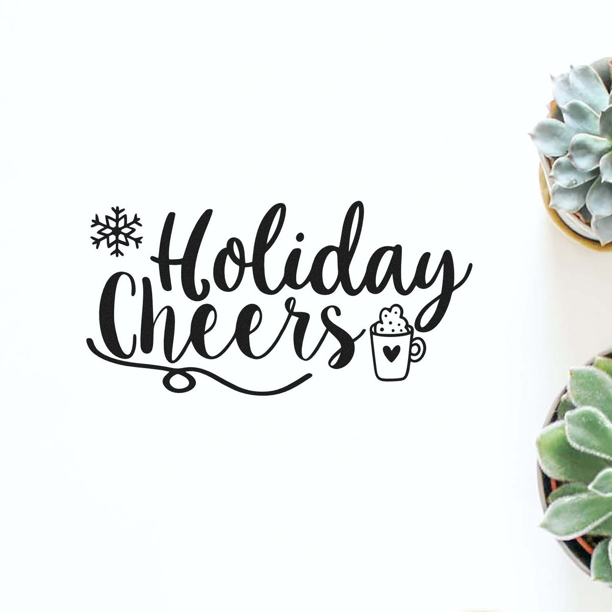 Holiday Cheers Cocoa Mug Pre-Inked Stamp – PSI imprint stamped in black ink. The words "Holiday cheers" are decorated with a cocoa mug, snowflake, and curling underline.