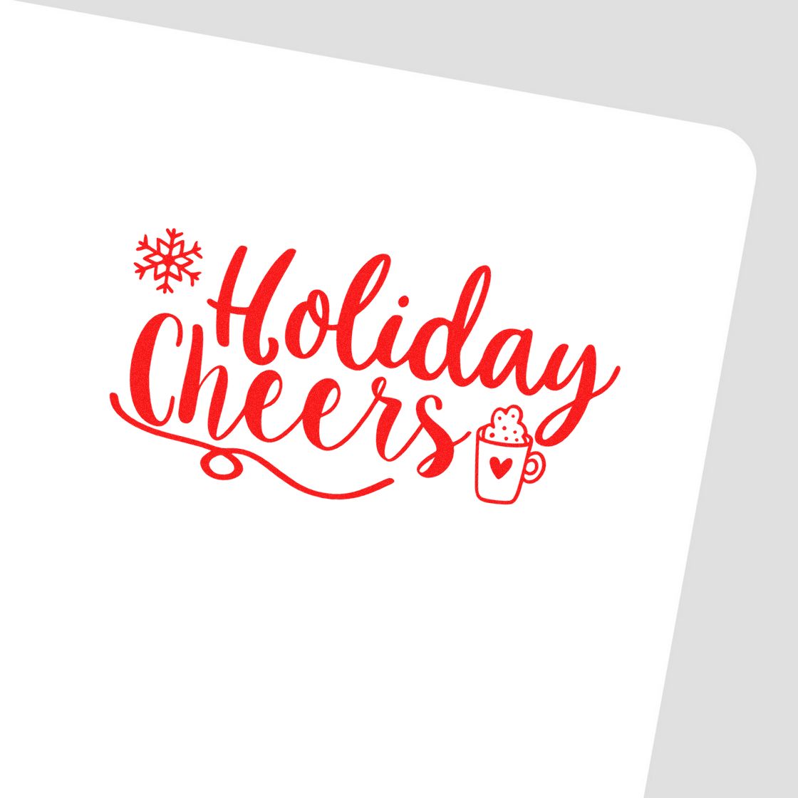 Holiday Cheers rubber stamp design with snowflake and hot cocoa mug, perfect for festive cards and holiday crafts.