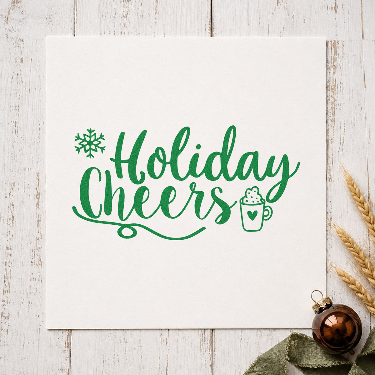 Holiday Cheers Cocoa Mug craft stamp imprint in green ink on a handmade project, one idea being mix pouch gift tags.