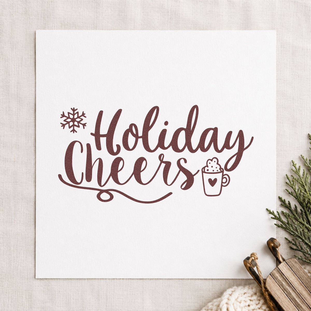 Holiday Cheers Cocoa Mug rubber stamp printed in brown ink, ready for flavor test sheet and similar paper crafts.