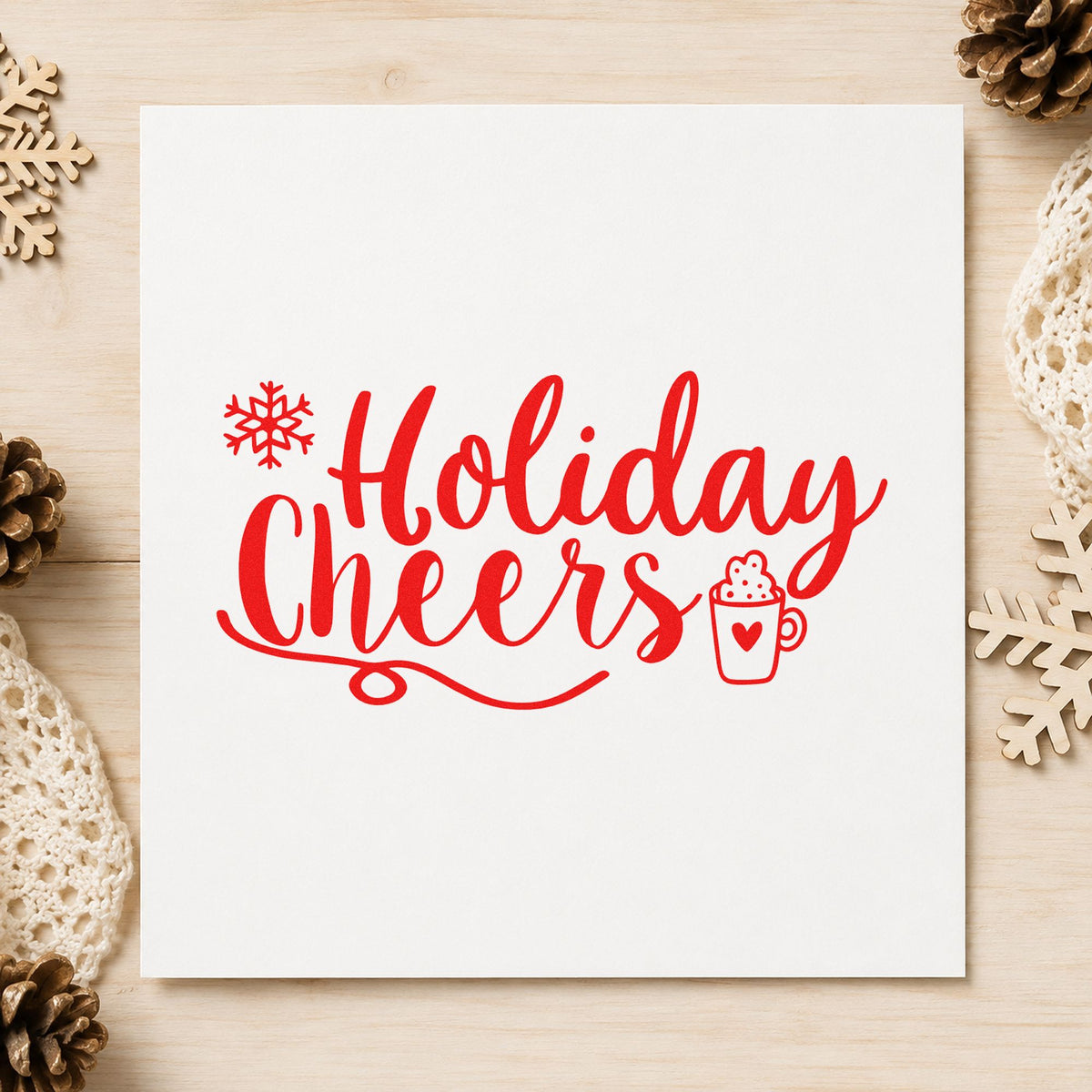 Holiday Cheers Cocoa Mug rubber stamp shown in red ink, stamped for projects such as topping bin labels.