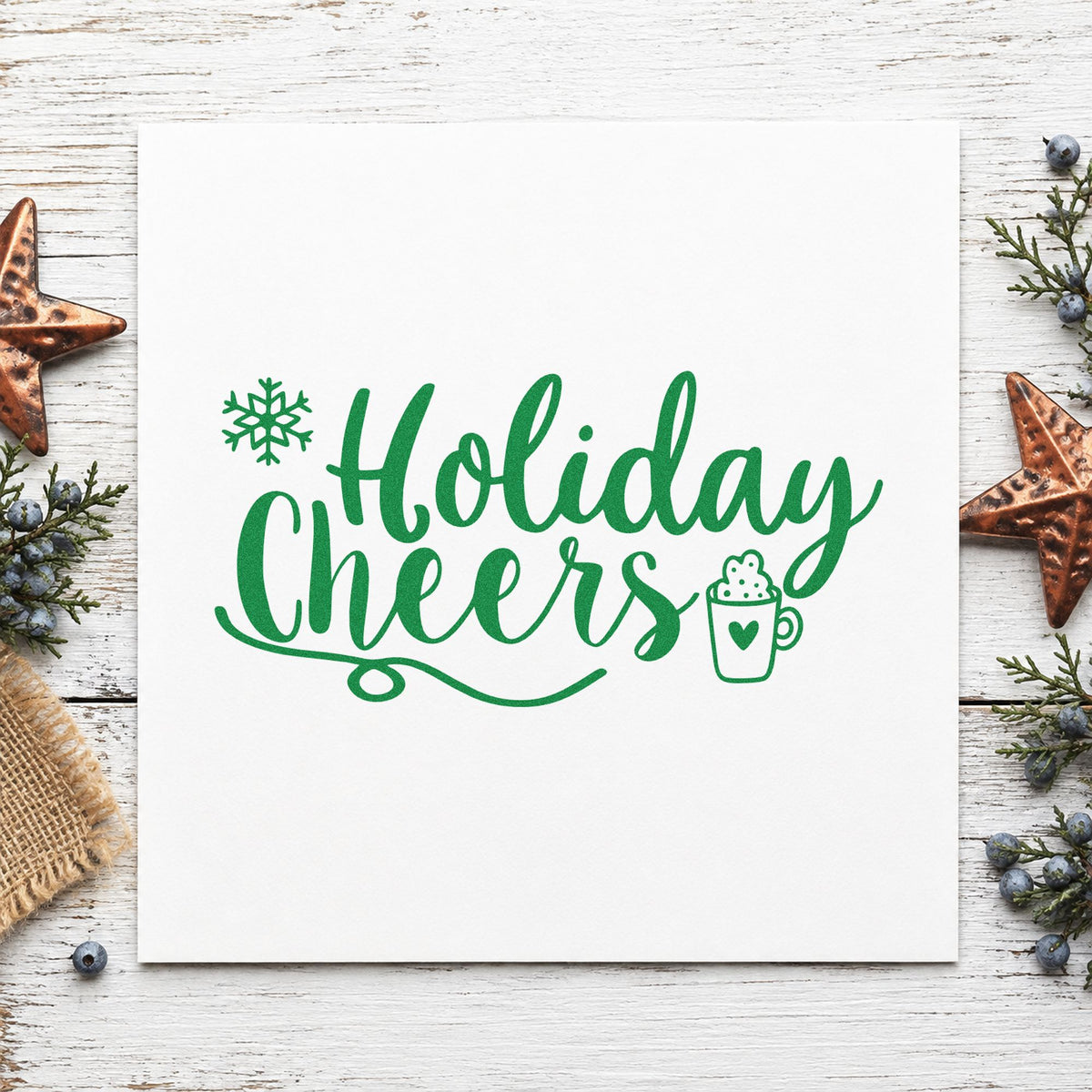Holiday Cheers Cocoa Mug craft stamp imprint in green ink on a handmade project, one idea being sip flight cards.