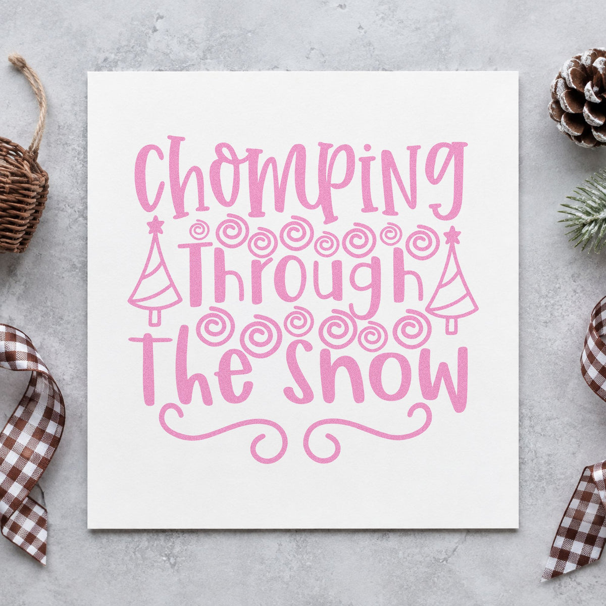 Chomping Through The Snow craft stamp in purple ink on cardstock, an easy option for candy haul album.