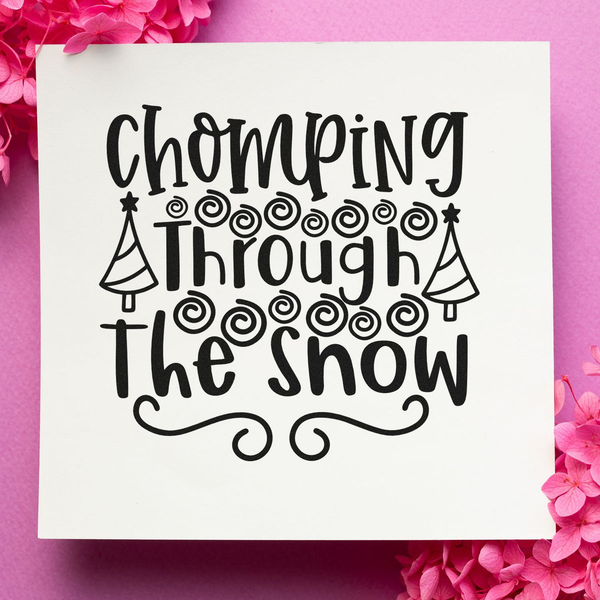 Chomping Through the Show rubber stamp design with playful swirls and party hats for creative event and craft projects.