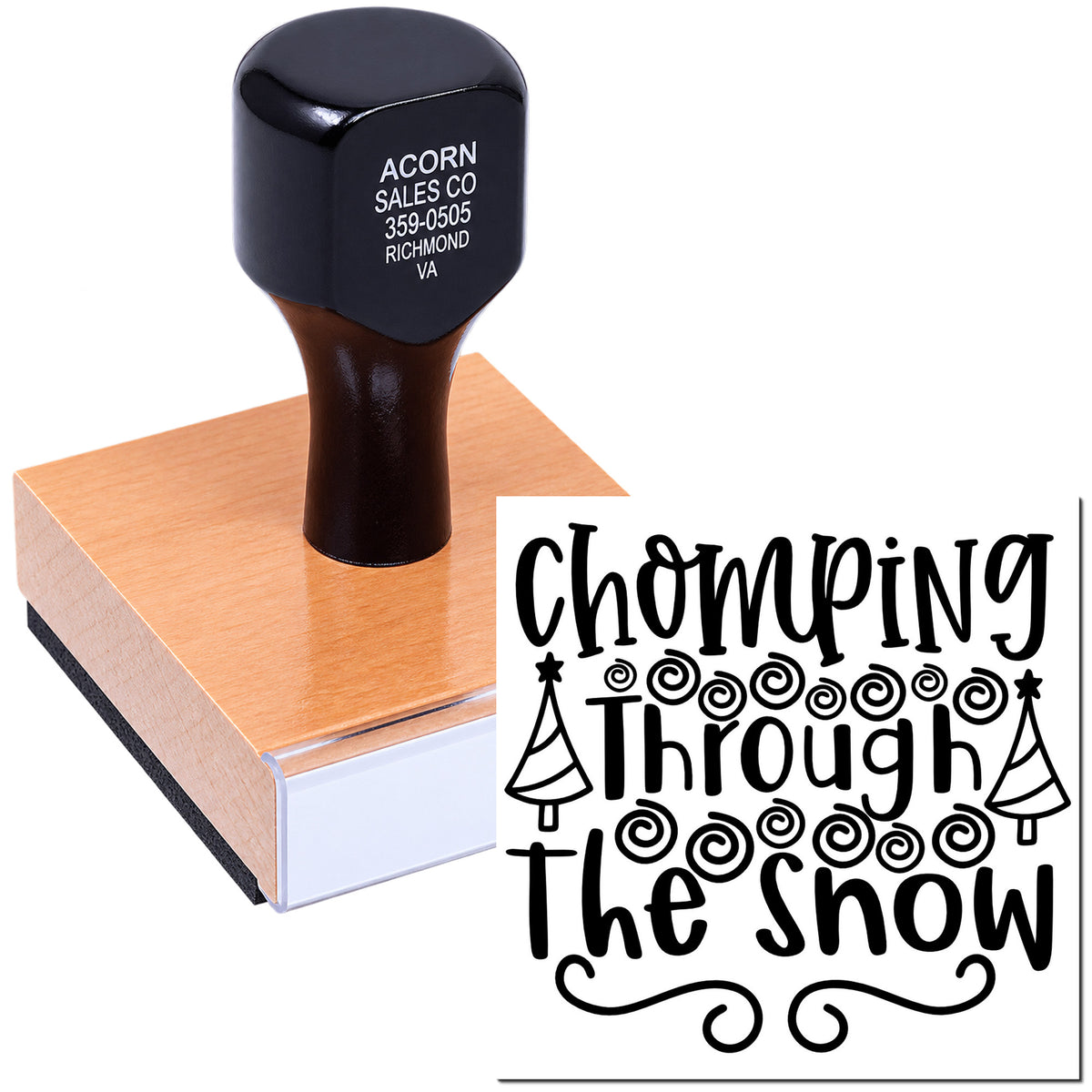 Custom rubber stamp imprint reading "Chomping Through the Show" with decorative trees and swirls for event branding.