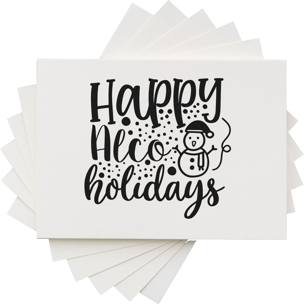 Happy Alco Holidays Snowman PSI Pre-Inked Stamp imprint stamped in black ink. The words Happy Alco holidays appear beside a snowman amid scattered dots.