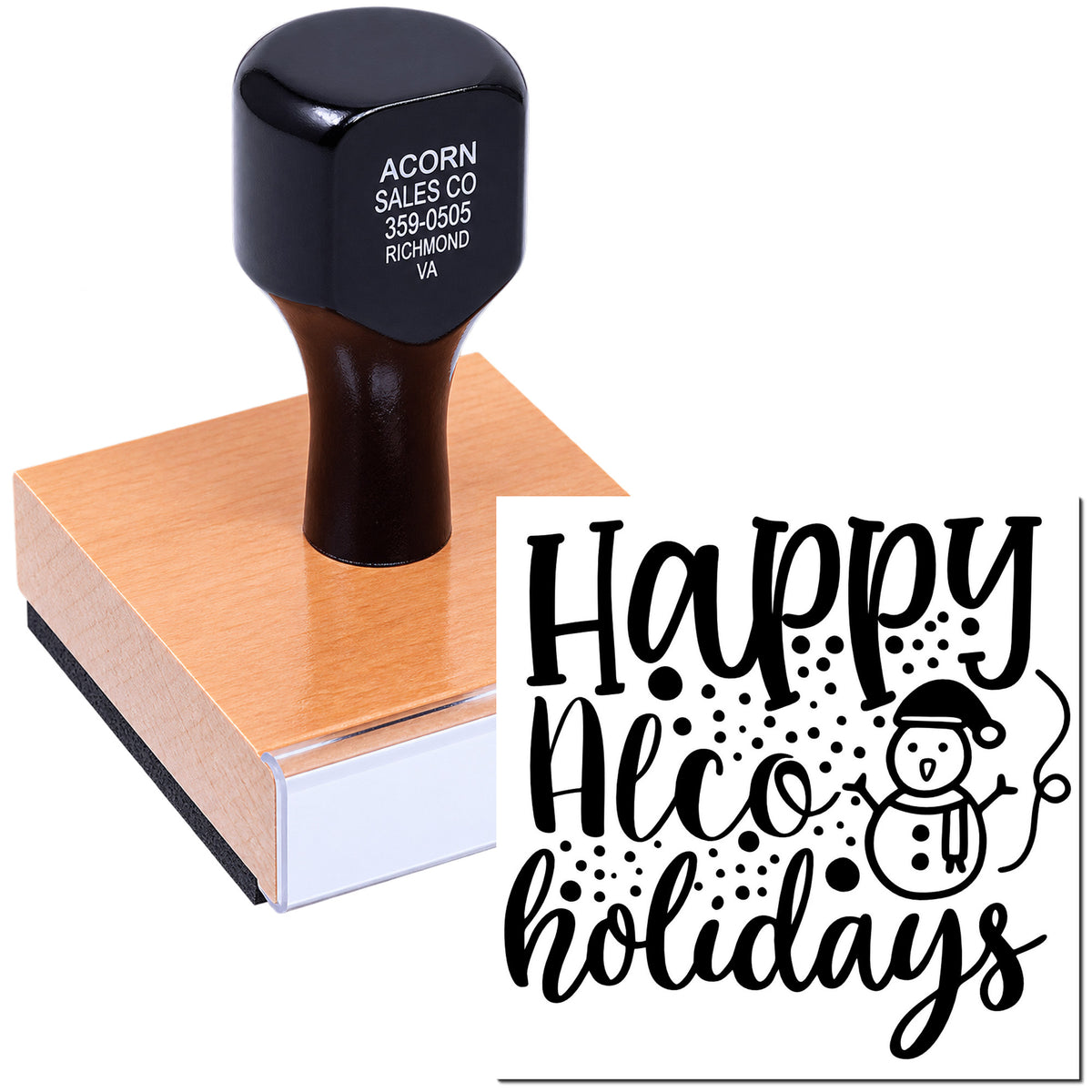 Happy Holidays rubber stamp for festive cards, gift tags, and seasonal packaging.