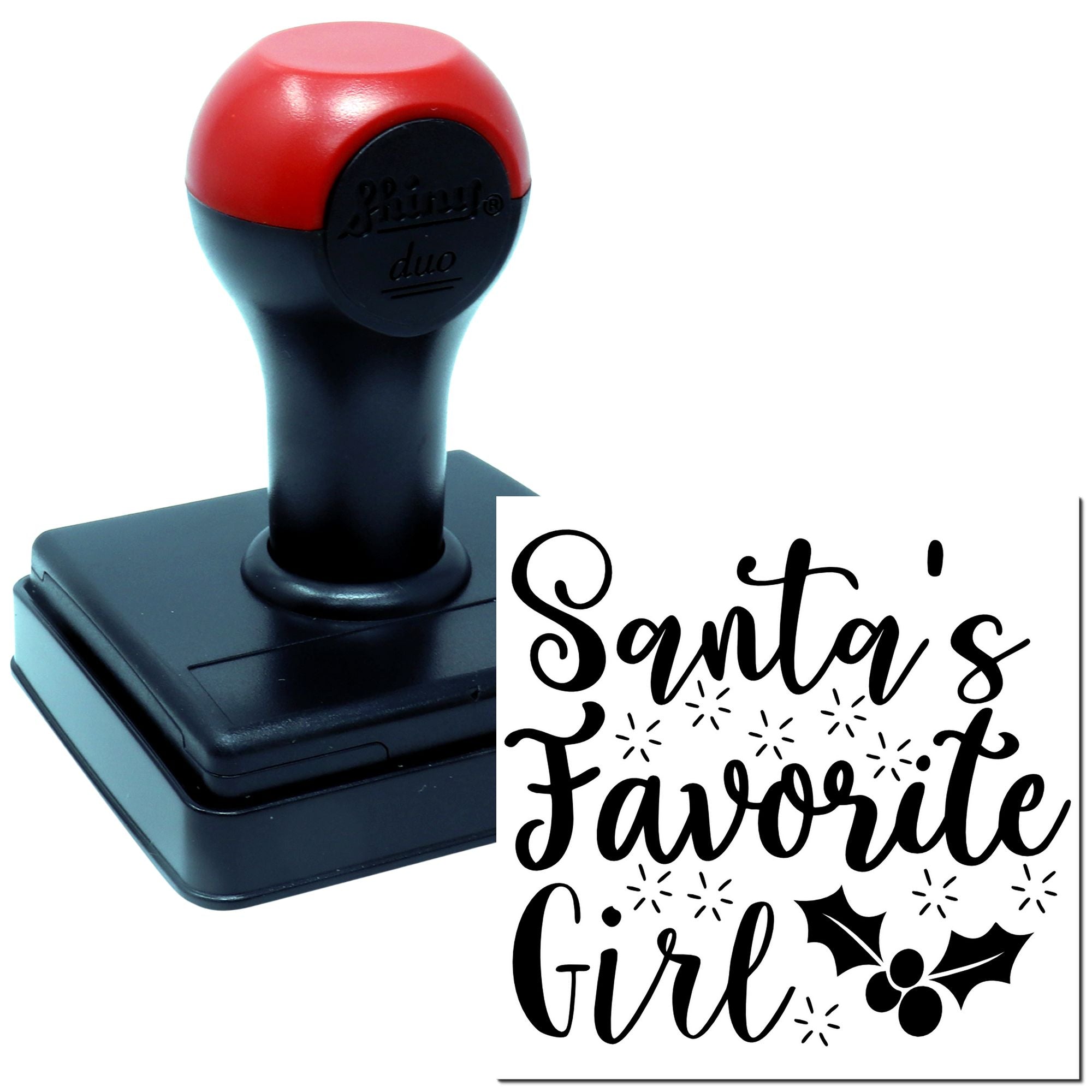 Self-inking custom rubber stamp with Santas Favorite Girl design and holiday holly graphic for Christmas crafts.